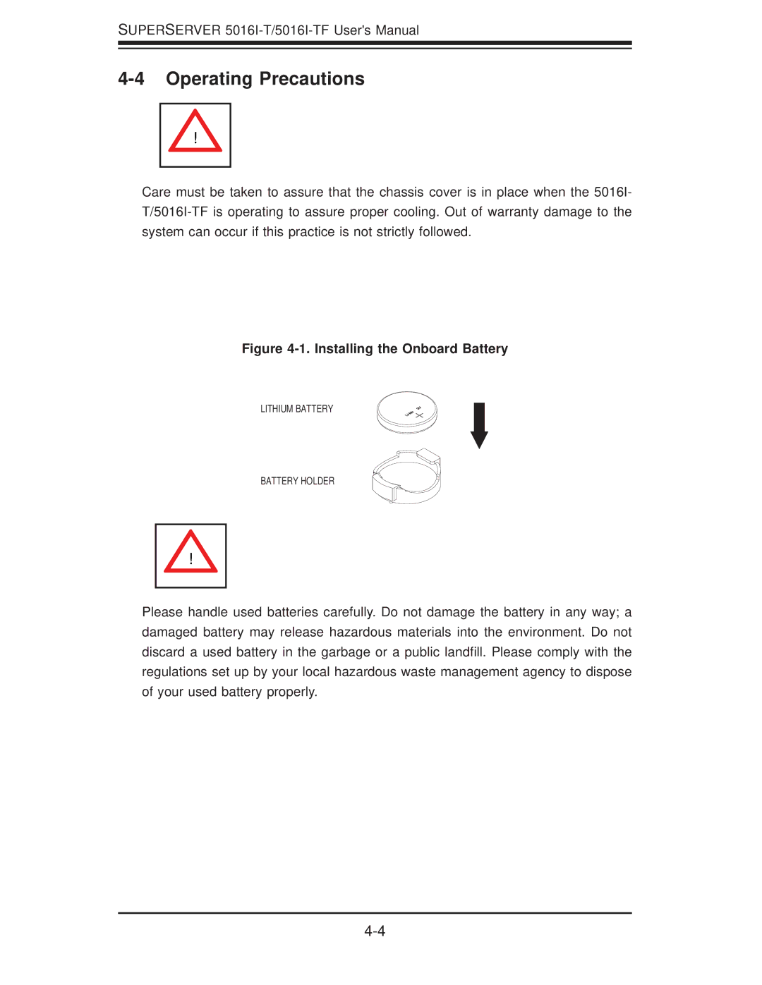 SUPER MICRO Computer SuperServer 5016I-TF user manual Operating Precautions, Installing the Onboard Battery 