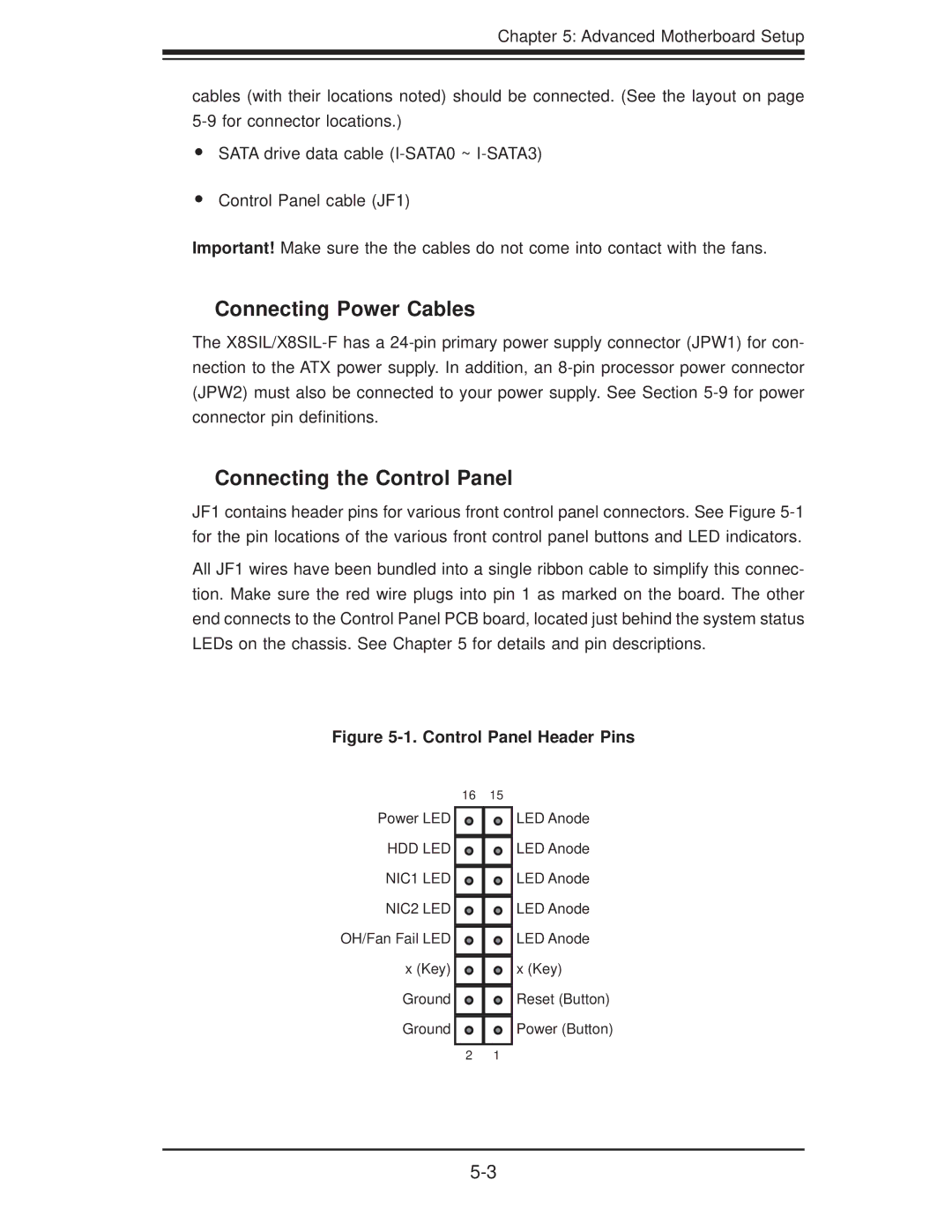 SUPER MICRO Computer SuperServer 5016I-TF user manual Connecting Power Cables, Connecting the Control Panel 