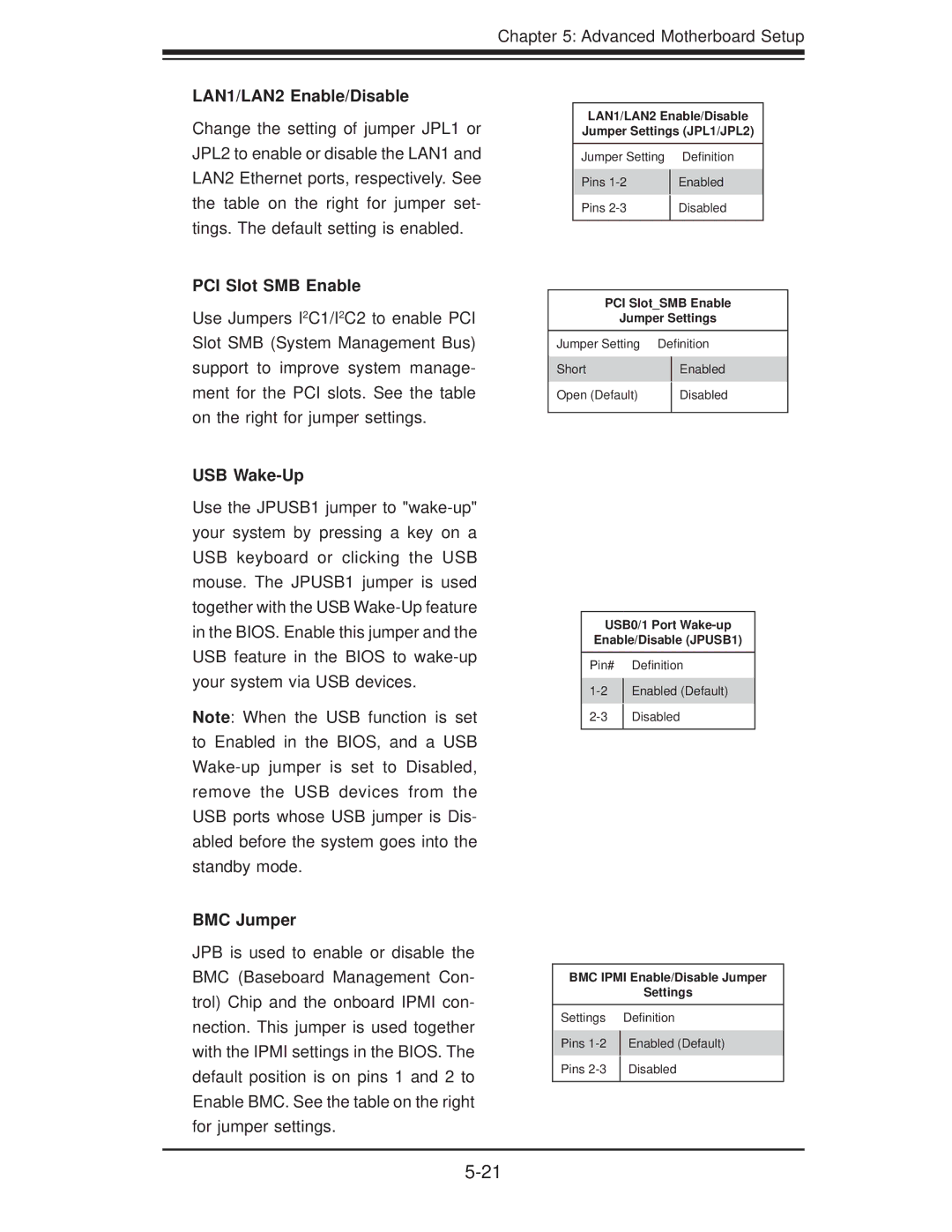 SUPER MICRO Computer SuperServer 5016I-T user manual LAN1/LAN2 Enable/Disable, PCI Slot SMB Enable, USB Wake-Up, BMC Jumper 