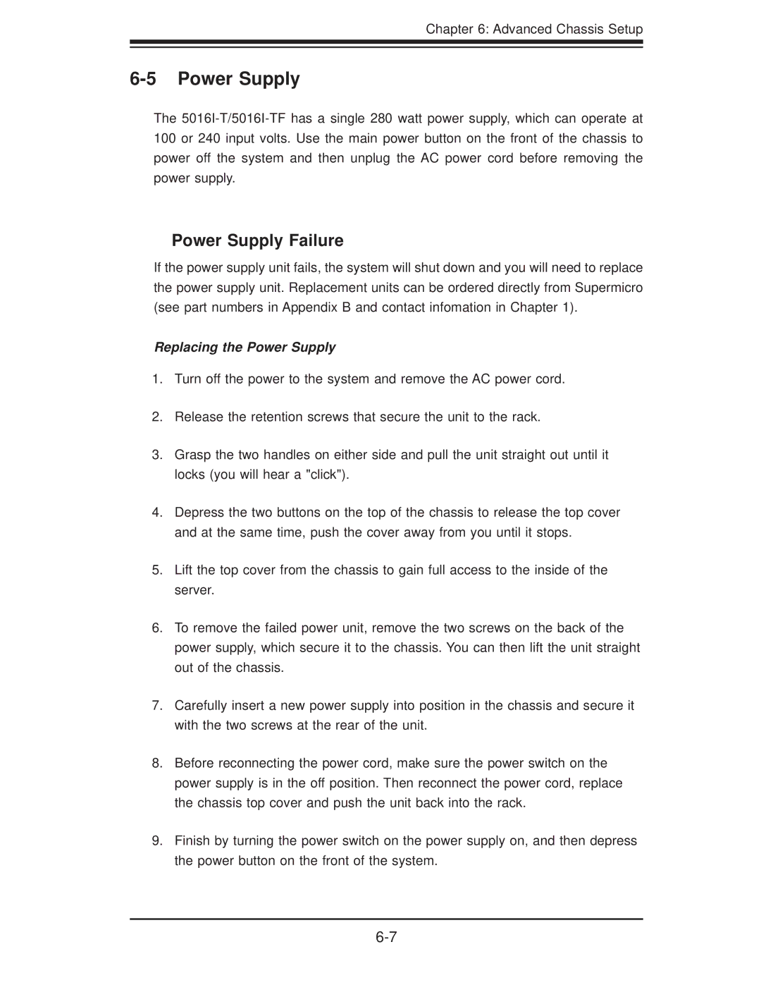 SUPER MICRO Computer SuperServer 5016I-TF user manual Power Supply Failure, Replacing the Power Supply 