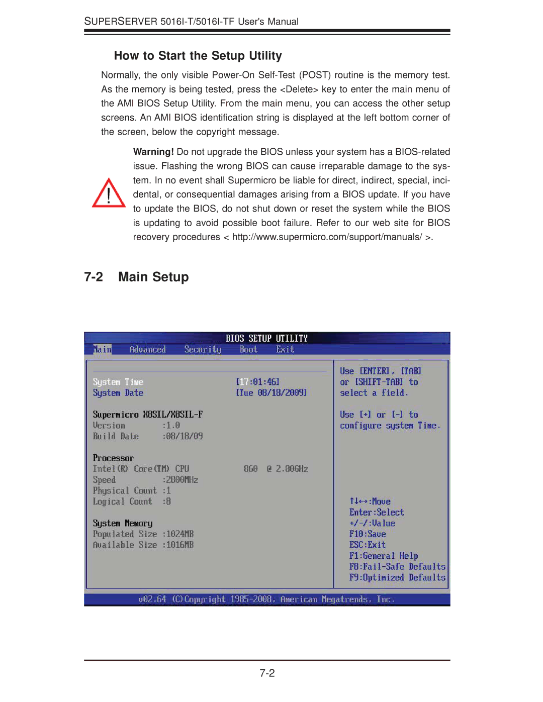 SUPER MICRO Computer SuperServer 5016I-TF user manual Main Setup, How to Start the Setup Utility 