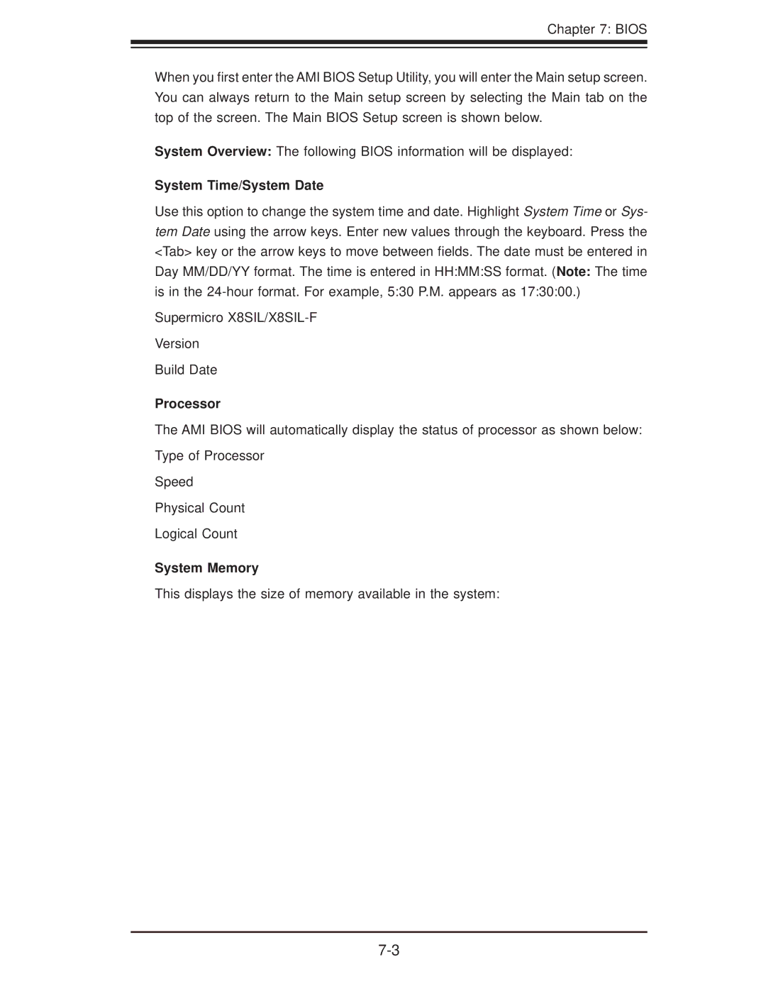 SUPER MICRO Computer SuperServer 5016I-TF user manual System Time/System Date, Processor, System Memory 