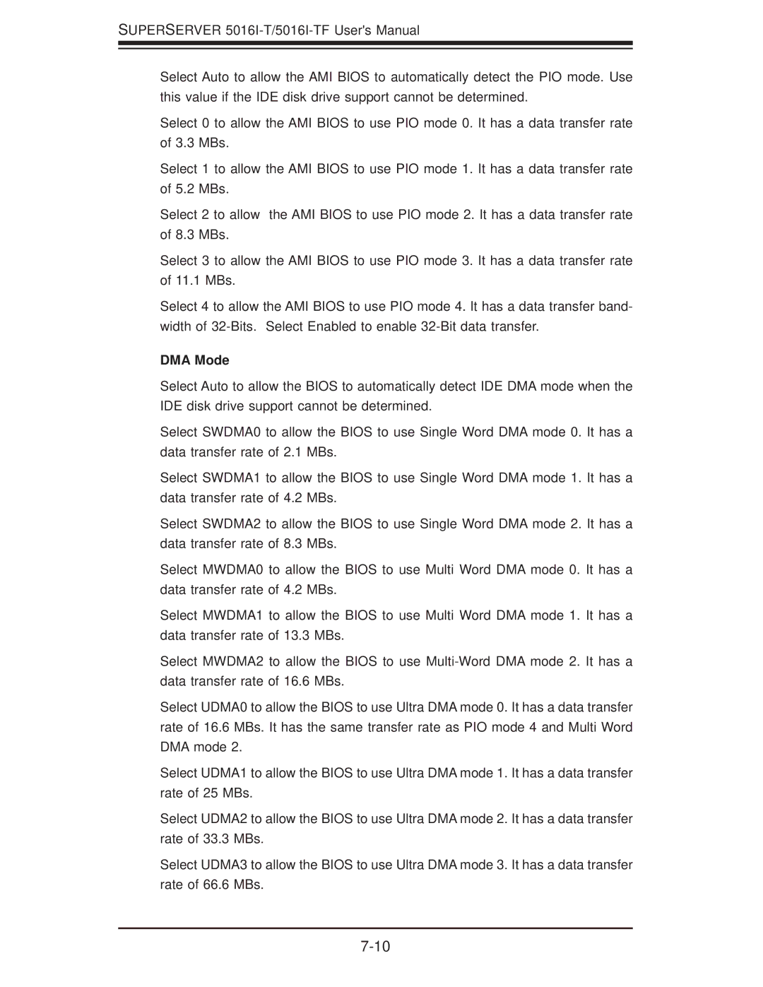 SUPER MICRO Computer SuperServer 5016I-TF user manual DMA Mode 