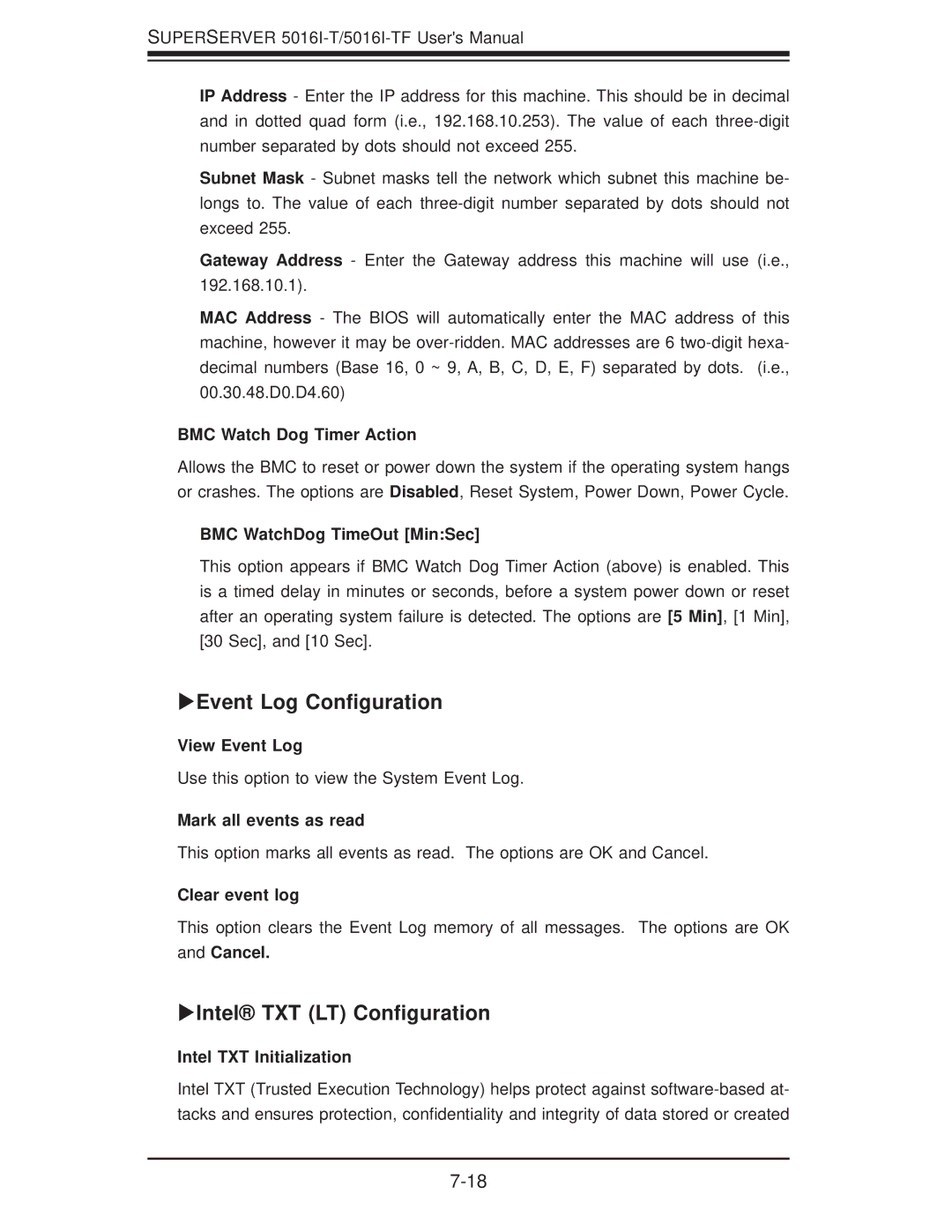 SUPER MICRO Computer SuperServer 5016I-TF user manual XEvent Log Conﬁguration, XIntel TXT LT Conﬁguration 