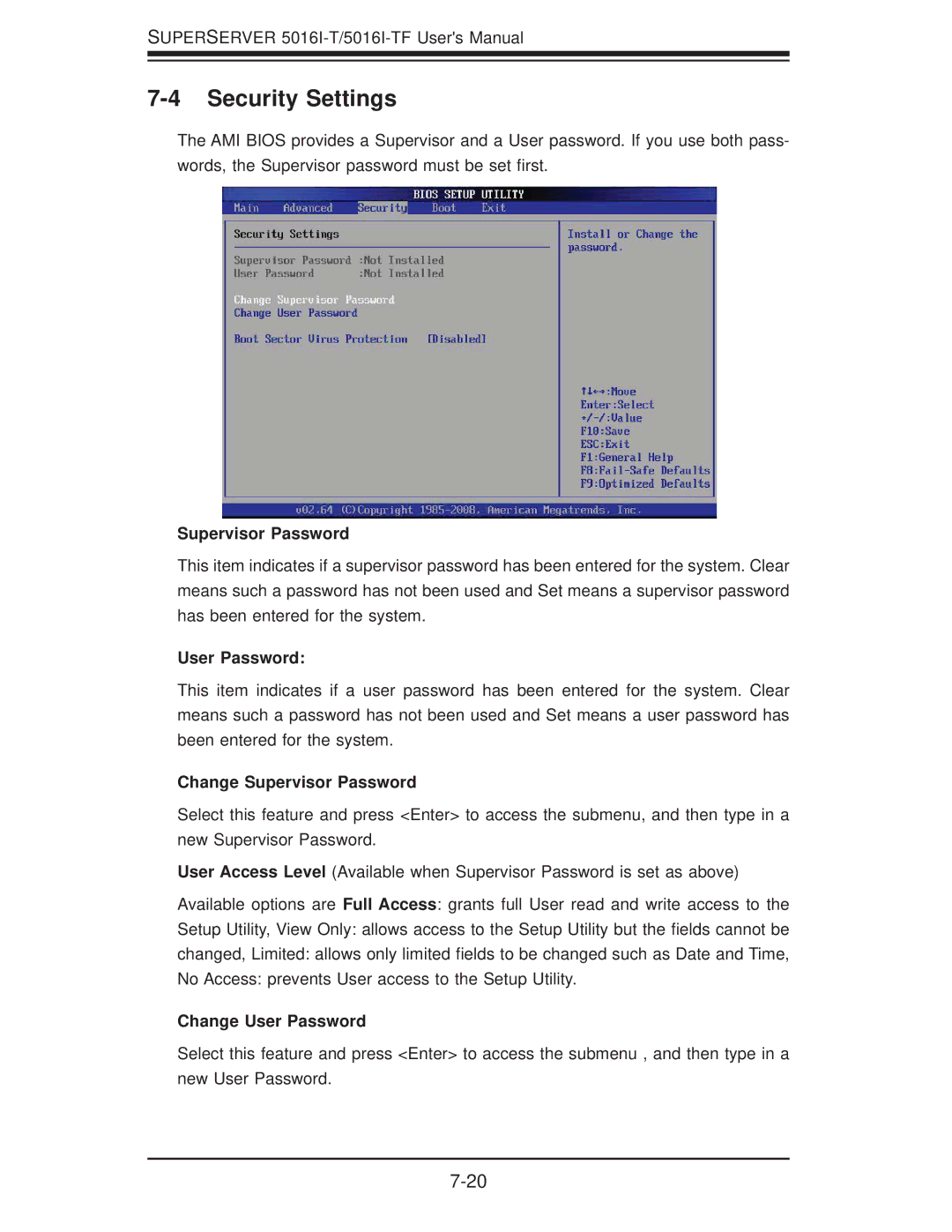 SUPER MICRO Computer SuperServer 5016I-TF user manual Security Settings, Supervisor Password, Change User Password 