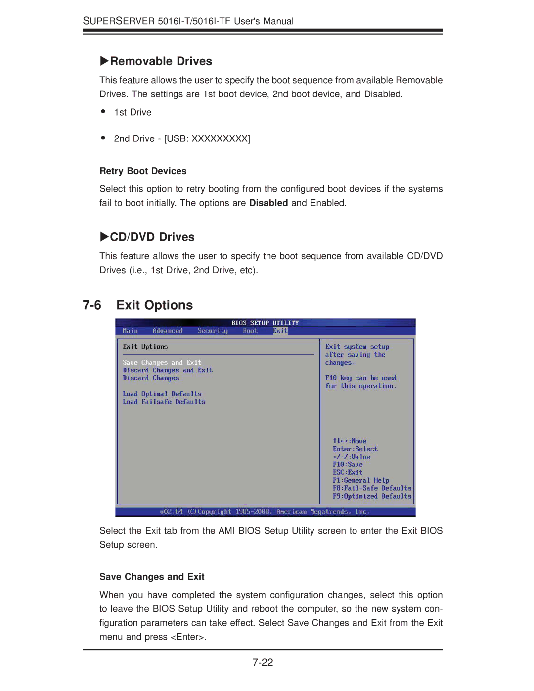 SUPER MICRO Computer SuperServer 5016I-TF user manual Exit Options, XRemovable Drives, XCD/DVD Drives, Retry Boot Devices 