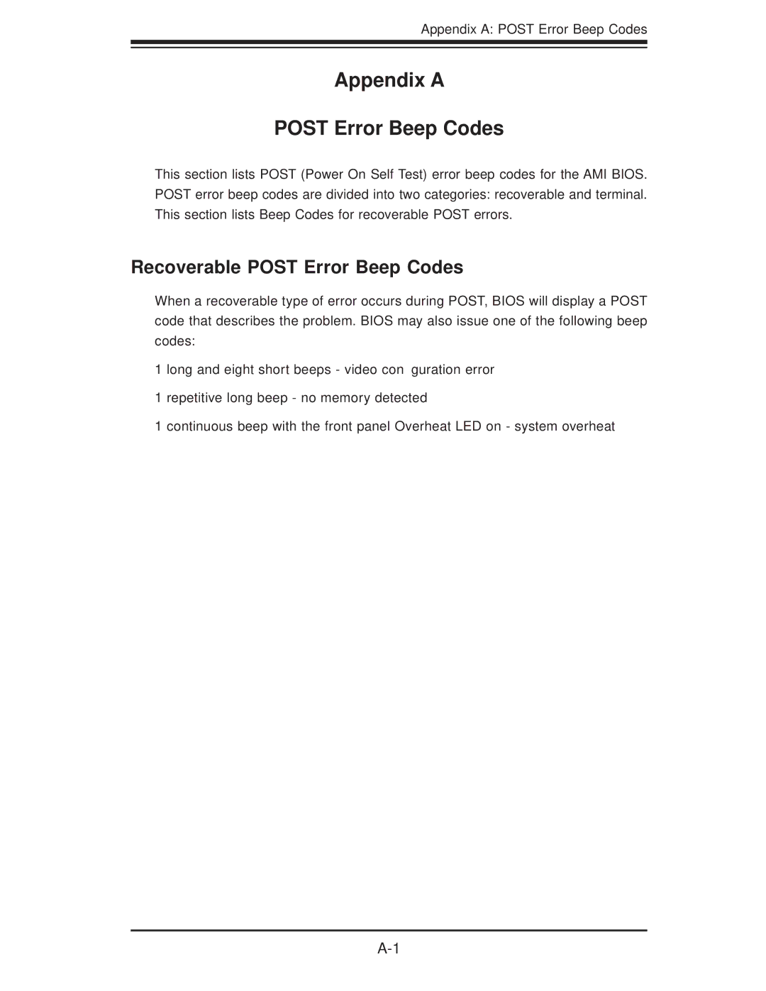 SUPER MICRO Computer SuperServer 5016I-T user manual Appendix a Post Error Beep Codes, Recoverable Post Error Beep Codes 