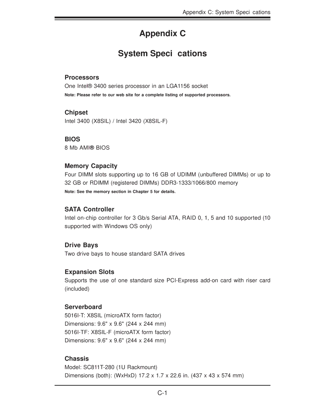 SUPER MICRO Computer SuperServer 5016I-TF user manual Appendix C System Speciﬁcations, Bios 