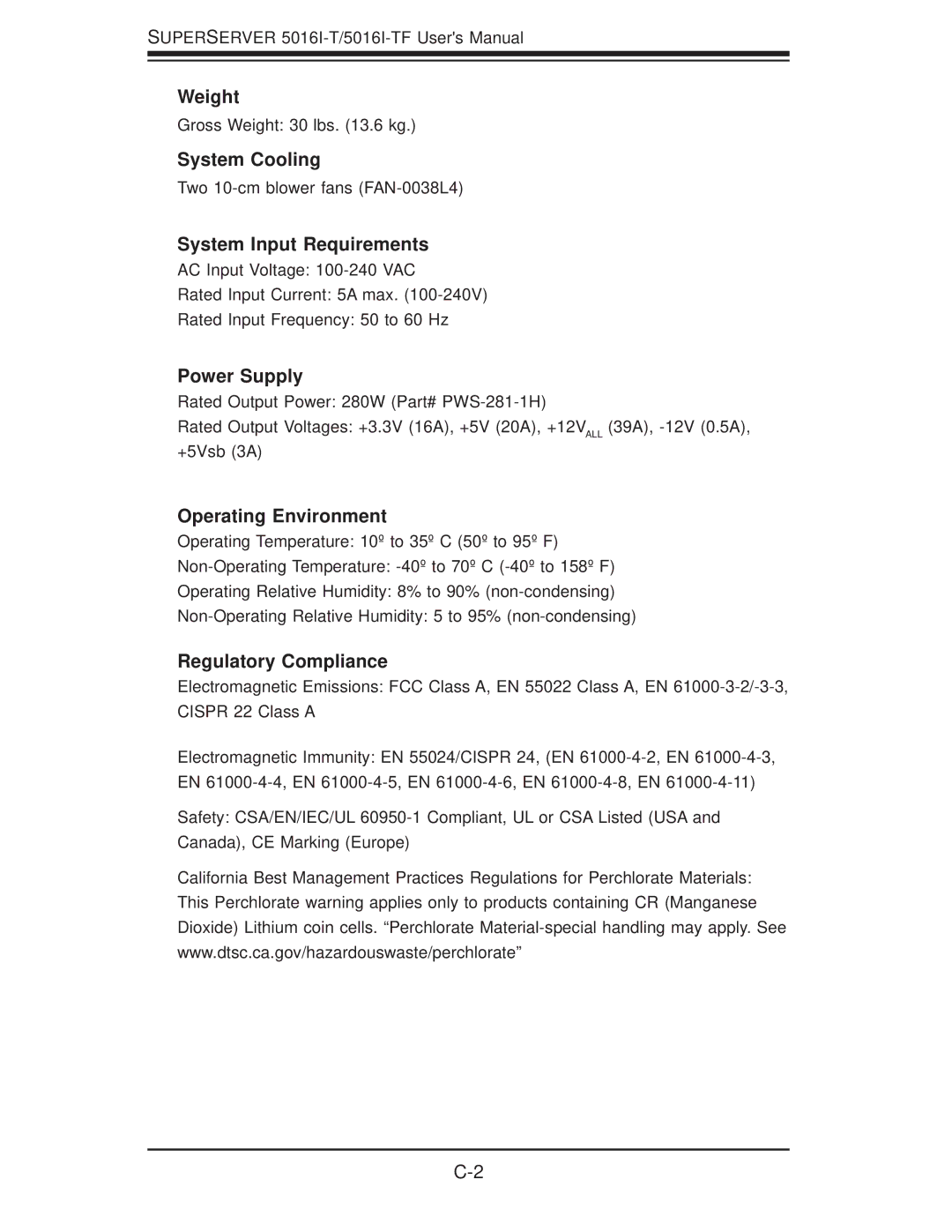 SUPER MICRO Computer SuperServer 5016I-TF user manual Weight 