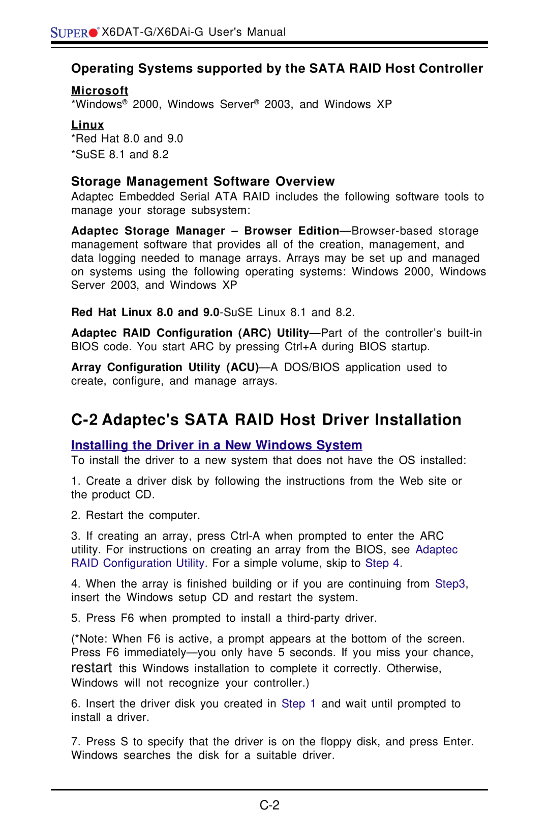 SUPER MICRO Computer X6DAT-G Adaptecs Sata RAID Host Driver Installation, Storage Management Software Overview, Microsoft 