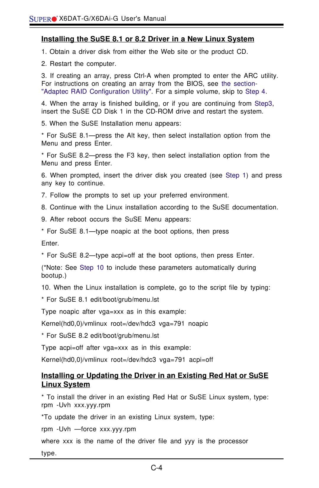 SUPER MICRO Computer X6DAT-G user manual Installing the SuSE 8.1 or 8.2 Driver in a New Linux System 