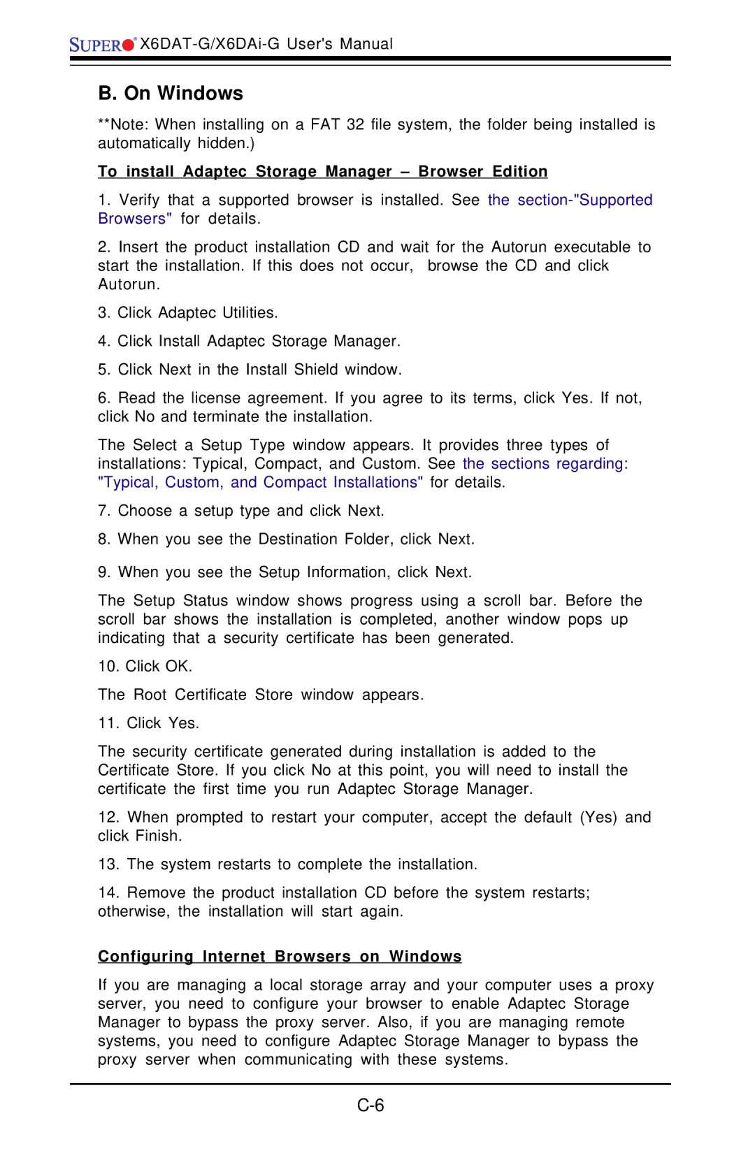 SUPER MICRO Computer X6DAT-G user manual On Windows, To install Adaptec Storage Manager Browser Edition 