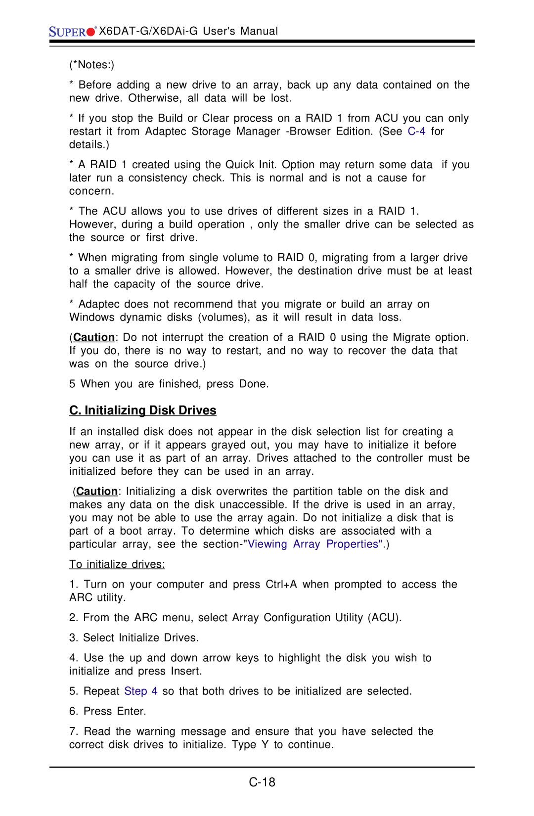 SUPER MICRO Computer X6DAT-G user manual Initializing Disk Drives 