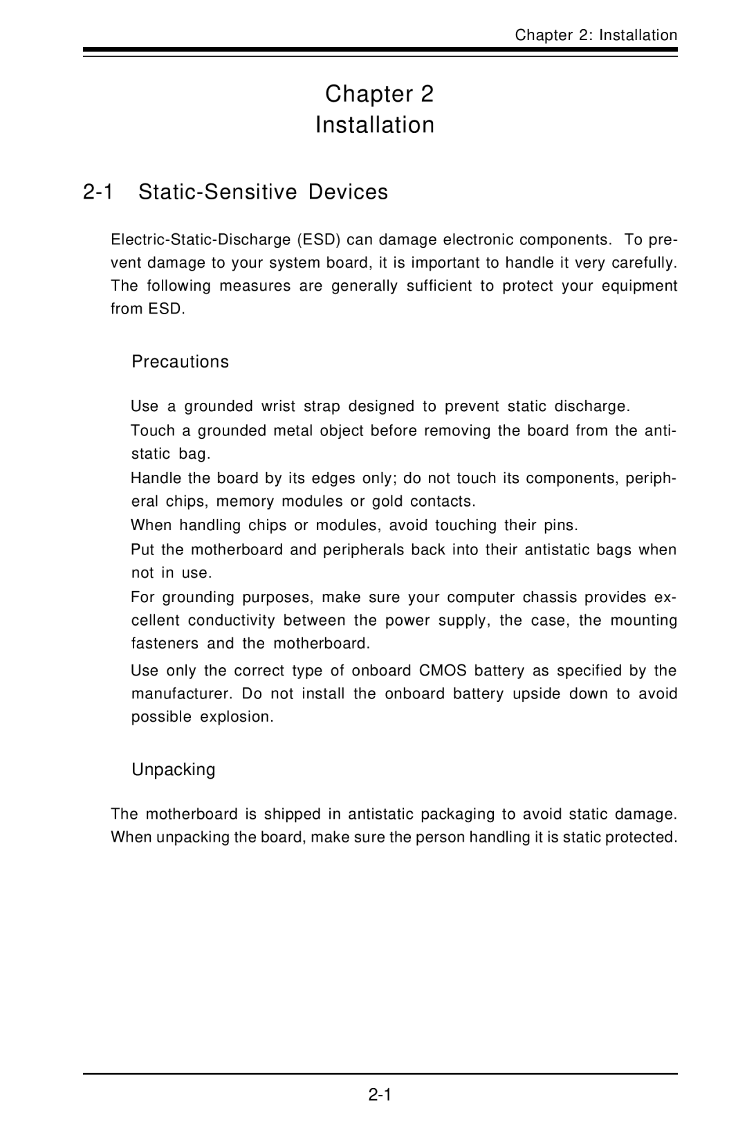 SUPER MICRO Computer X6DAT-G user manual Static-Sensitive Devices, Precautions, Unpacking, Installation 