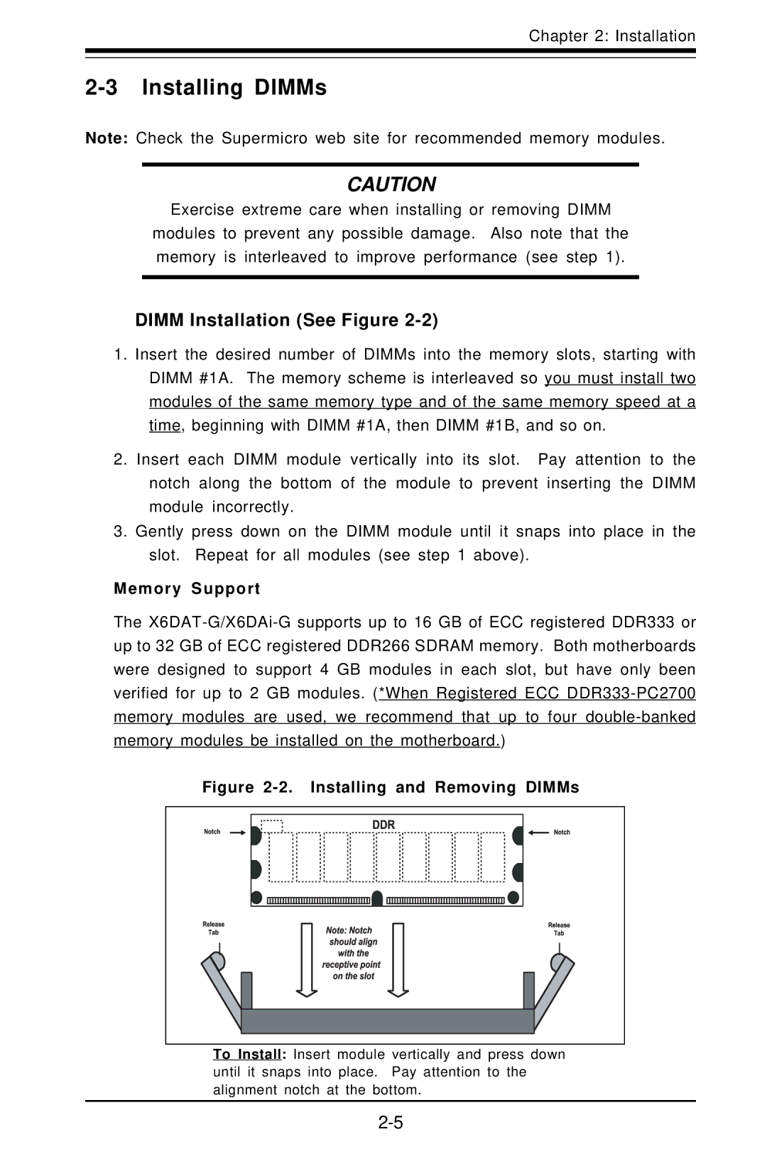 SUPER MICRO Computer X6DAT-G Installing DIMMs, Dimm Installation See Figure, Memory Support, Installing and Removing DIMMs 