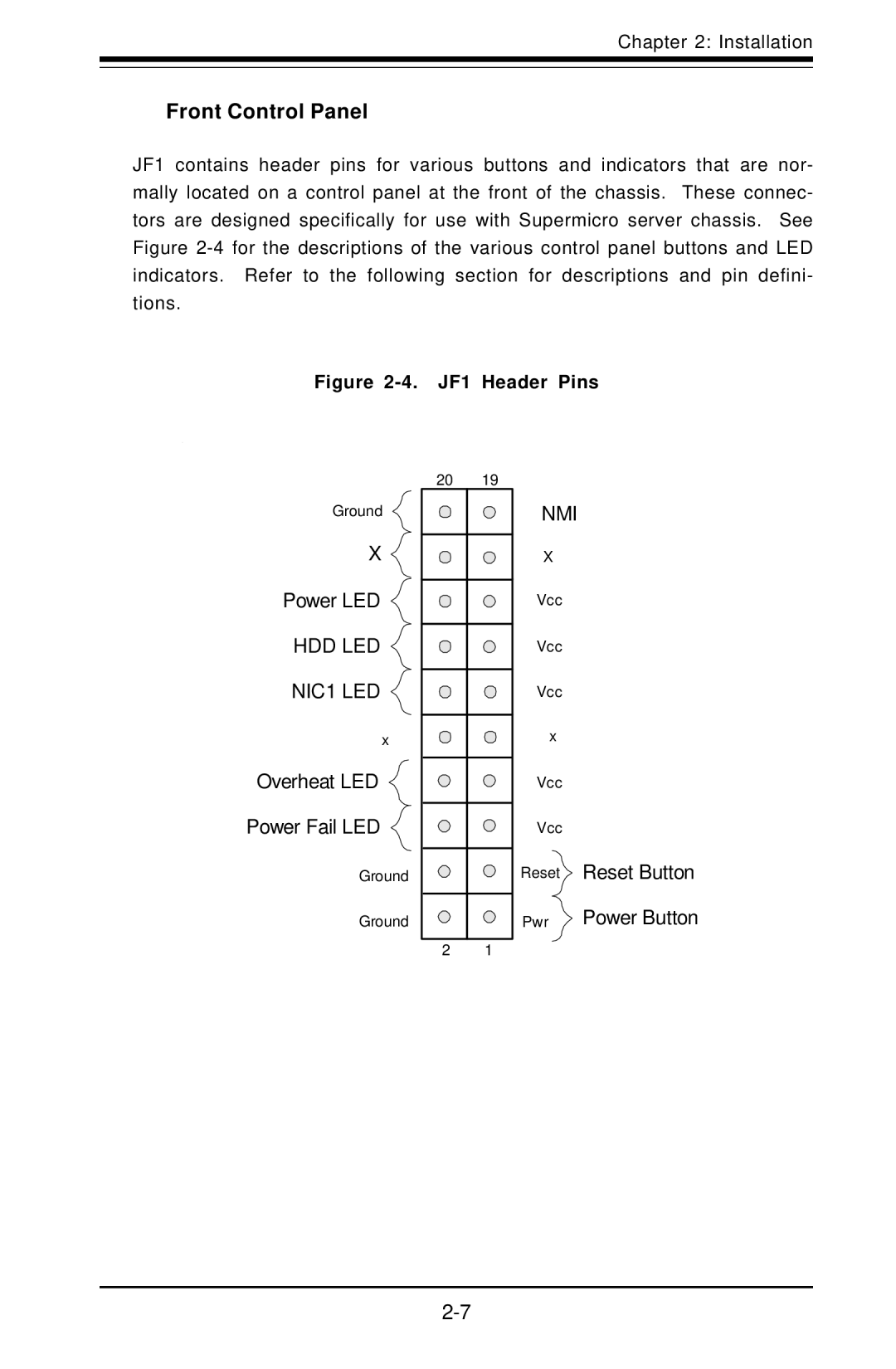 SUPER MICRO Computer X6DAT-G user manual Front Control Panel, JF1 Header Pins 