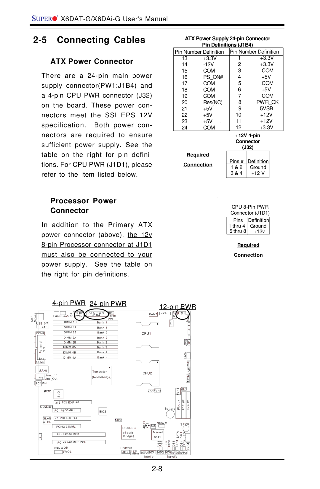 SUPER MICRO Computer X6DAT-G user manual Connecting Cables, ATX Power Connector, Processor Power Connector 