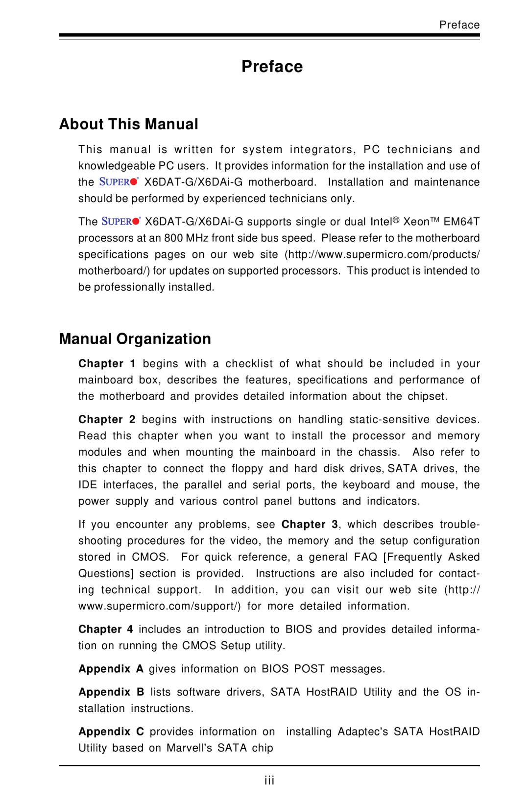 SUPER MICRO Computer X6DAT-G user manual About This Manual, Manual Organization, Preface 