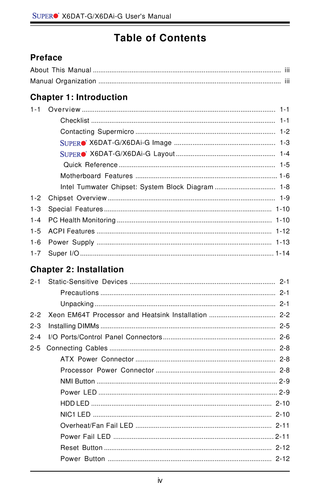 SUPER MICRO Computer X6DAT-G user manual Table of Contents 