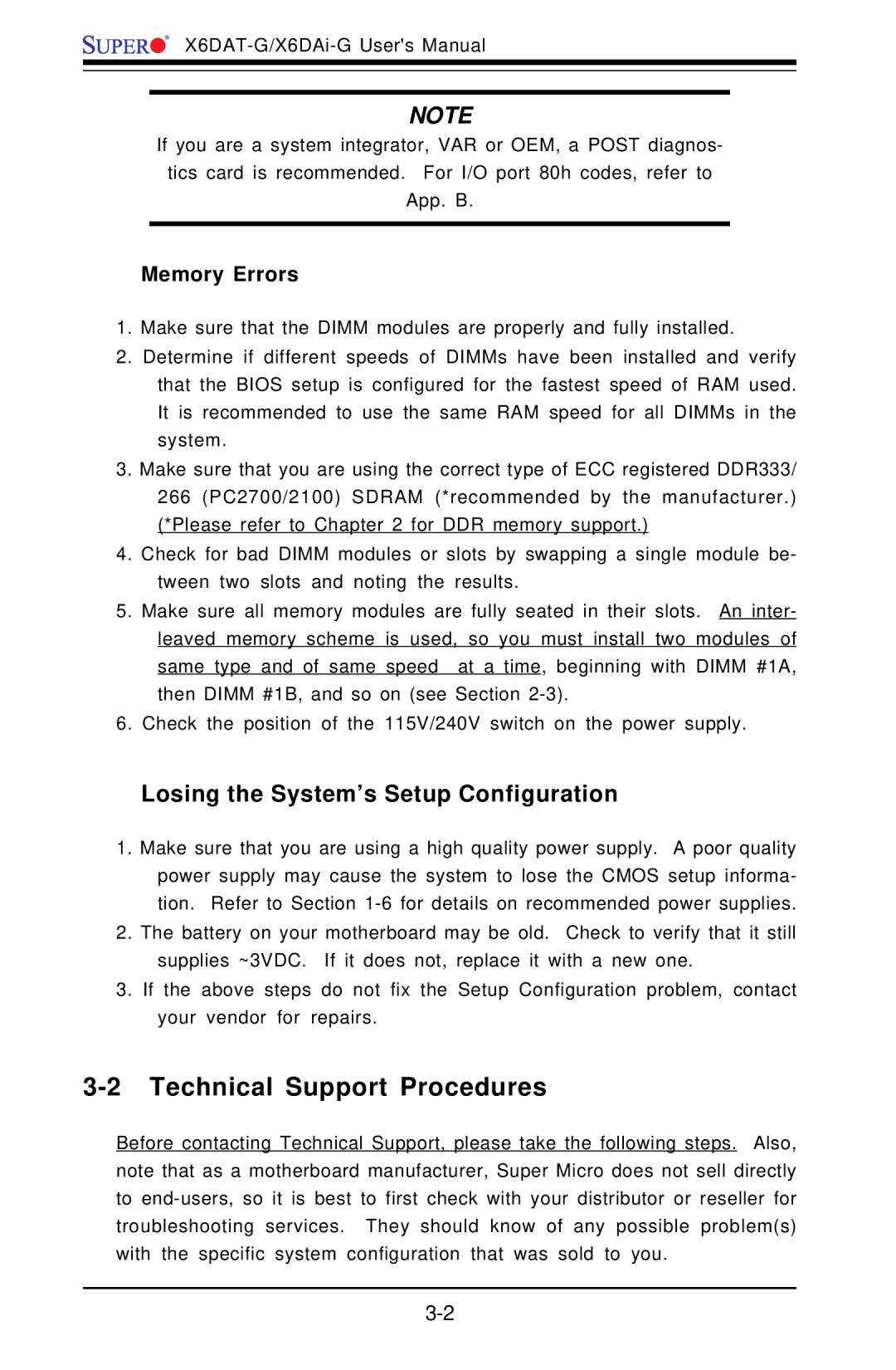 SUPER MICRO Computer X6DAT-G Technical Support Procedures, Losing the System’s Setup Configuration, Memory Errors 