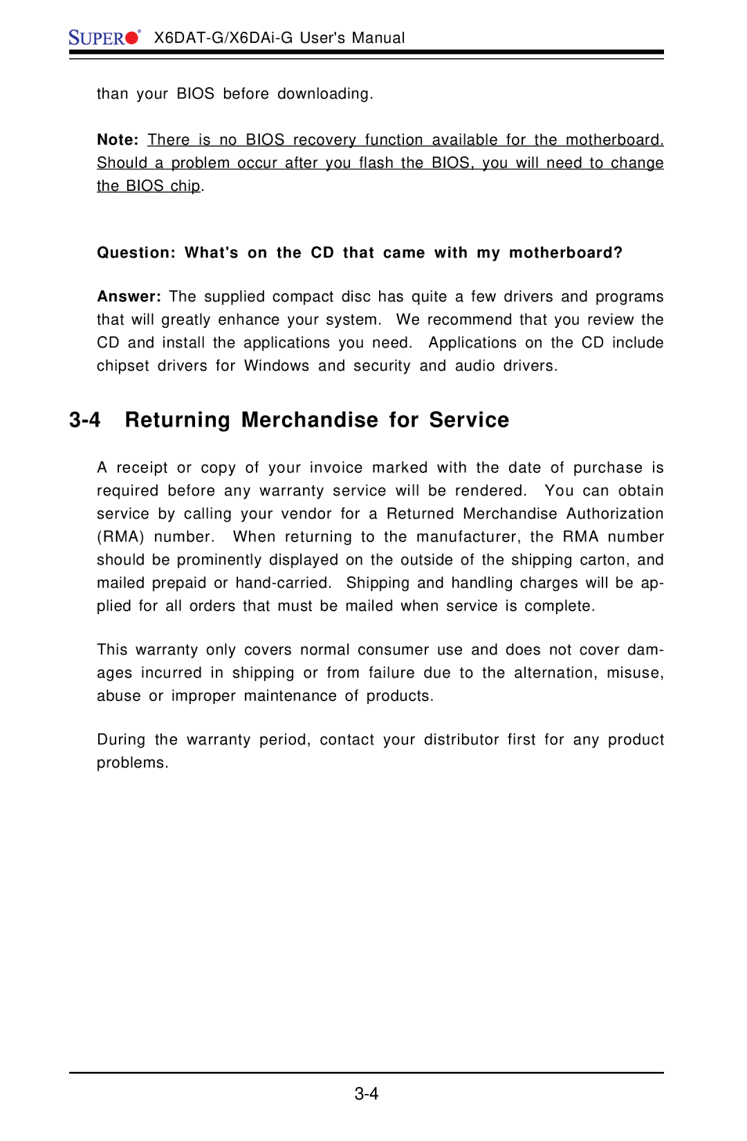 SUPER MICRO Computer X6DAT-G user manual Returning Merchandise for Service, Than your Bios before downloading 