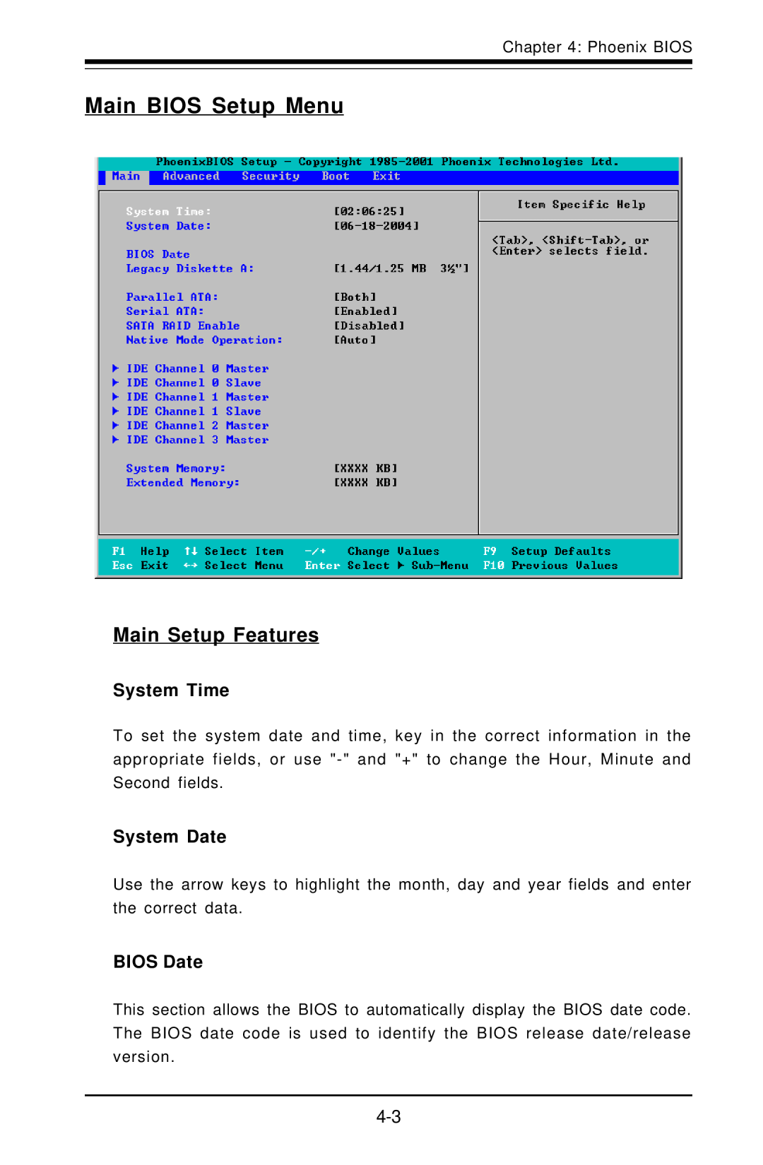 SUPER MICRO Computer X6DAT-G user manual Main Bios Setup Menu, Main Setup Features, System Time, System Date, Bios Date 