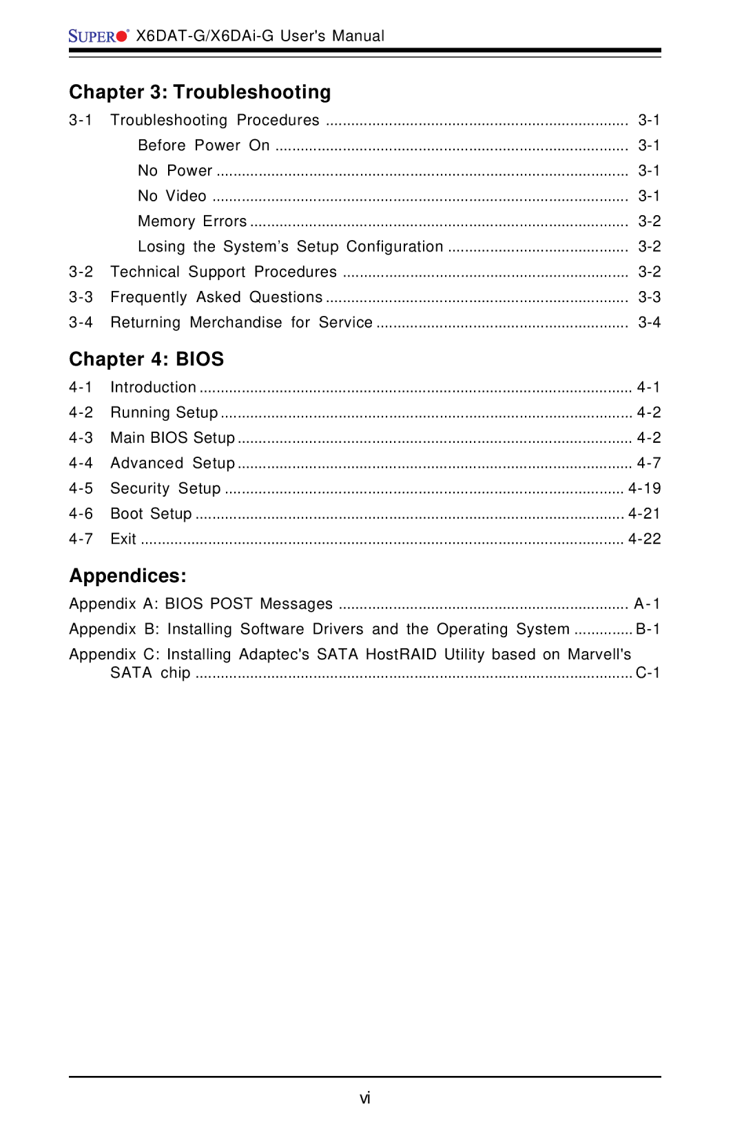 SUPER MICRO Computer X6DAT-G user manual Troubleshooting, Bios, Appendices, Security Setup 