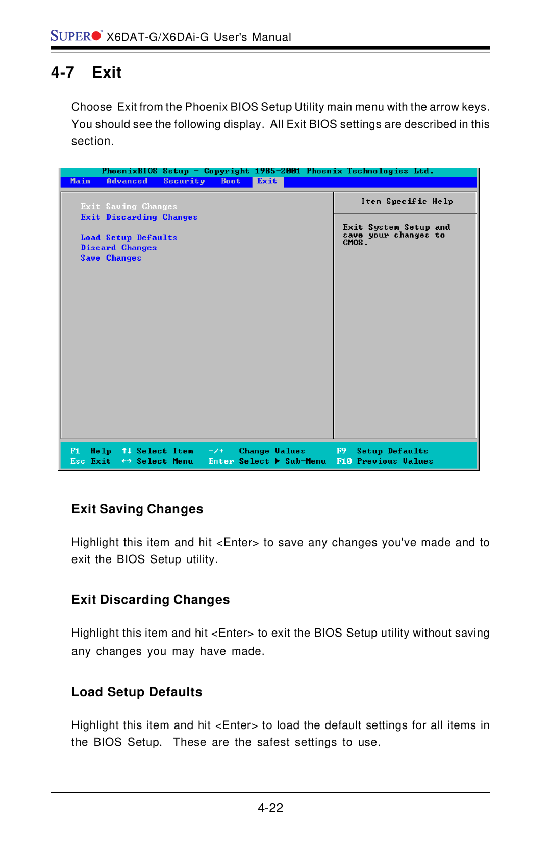 SUPER MICRO Computer X6DAT-G user manual Exit Saving Changes, Exit Discarding Changes, Load Setup Defaults 