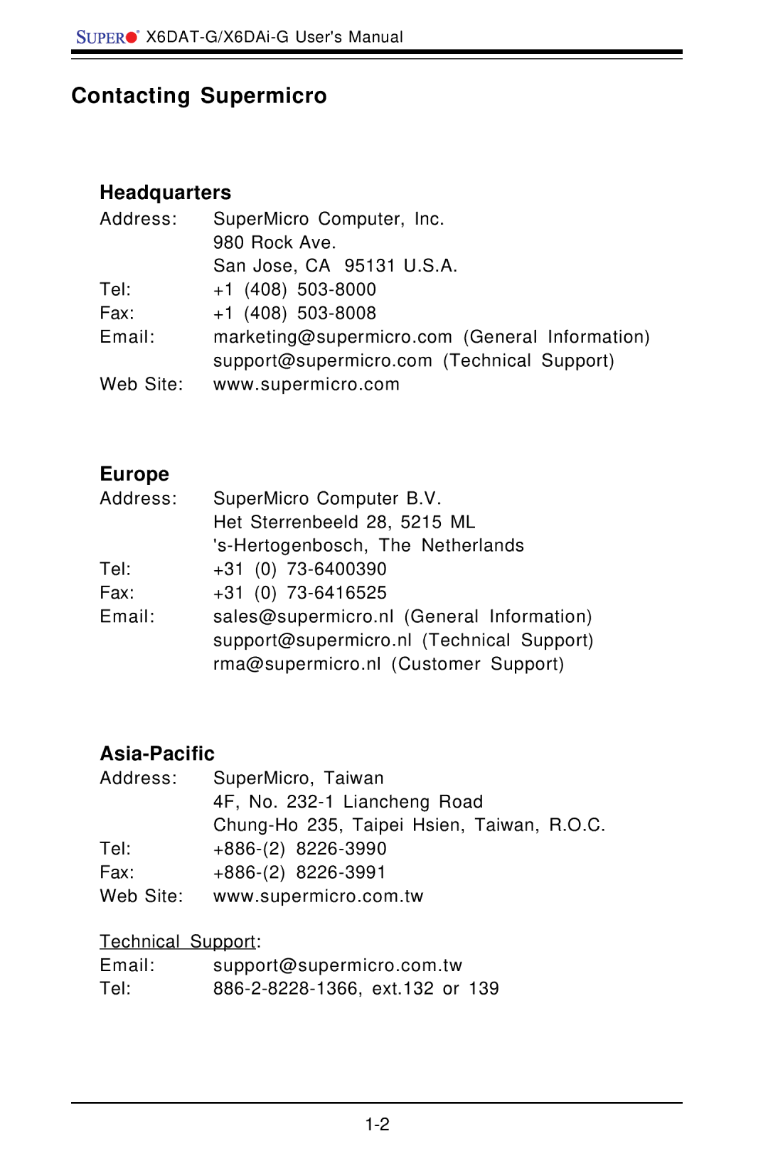 SUPER MICRO Computer X6DAT-G user manual Contacting Supermicro, Headquarters, Europe, Asia-Pacific 