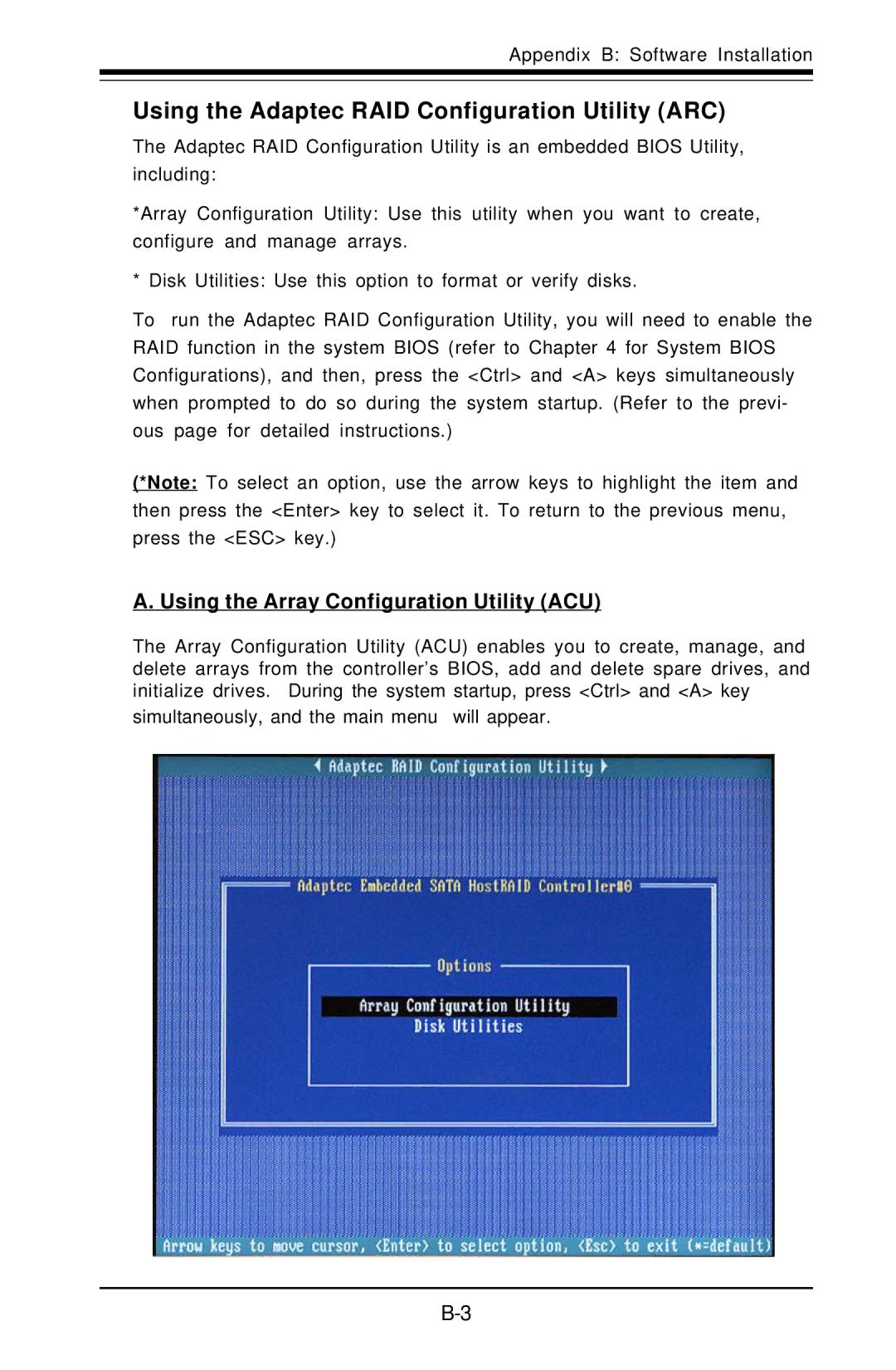 SUPER MICRO Computer X6DAT-G Using the Adaptec RAID Configuration Utility ARC, Using the Array Configuration Utility ACU 