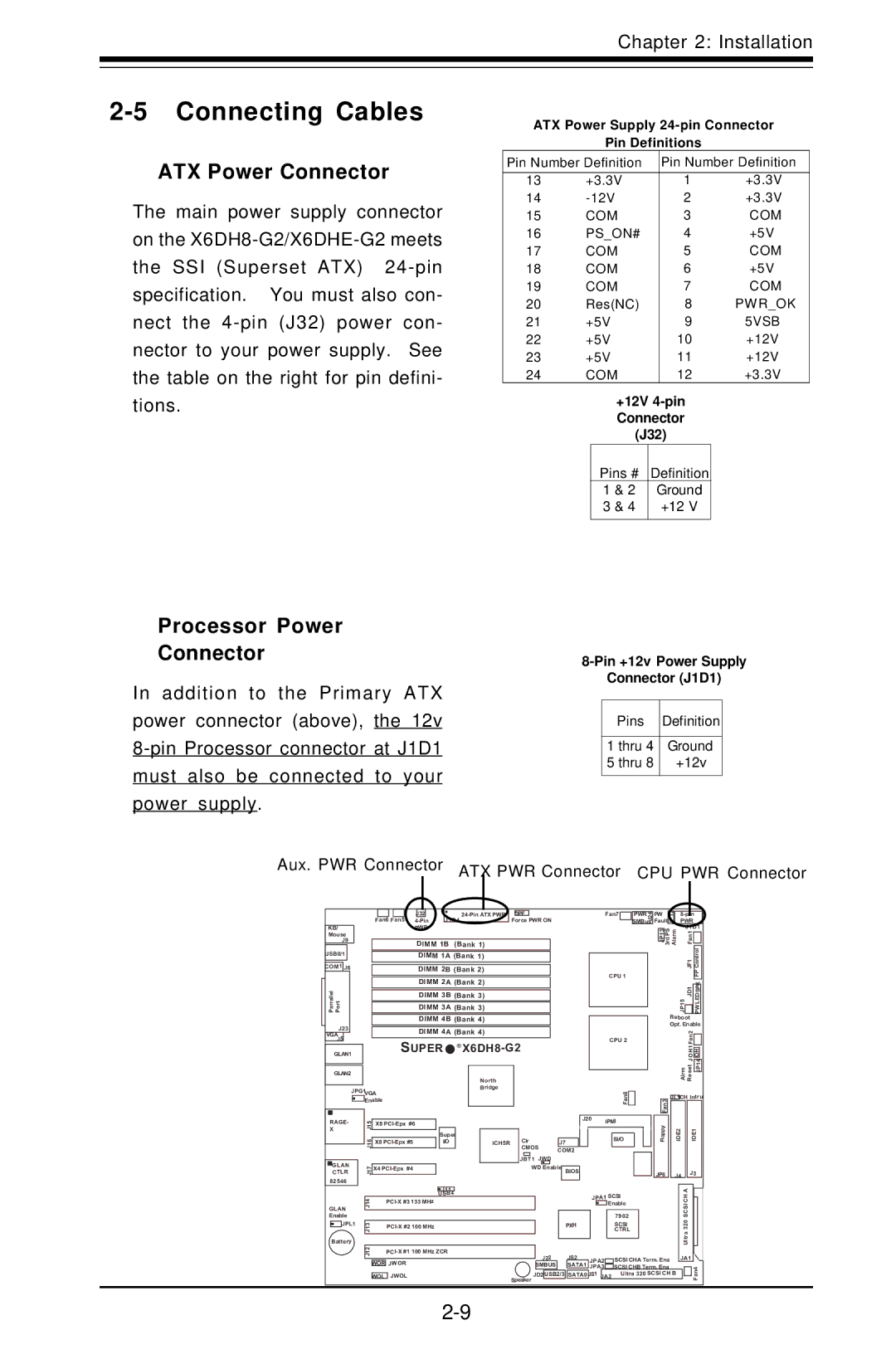 SUPER MICRO Computer X6DHE-G2, X6DH8-G2 manual Connecting Cables, ATX Power Connector, Processor Power Connector 