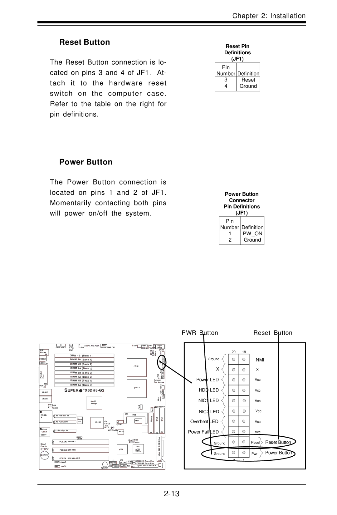 SUPER MICRO Computer X6DHE-G2, X6DH8-G2 manual Reset Button, Power Button 