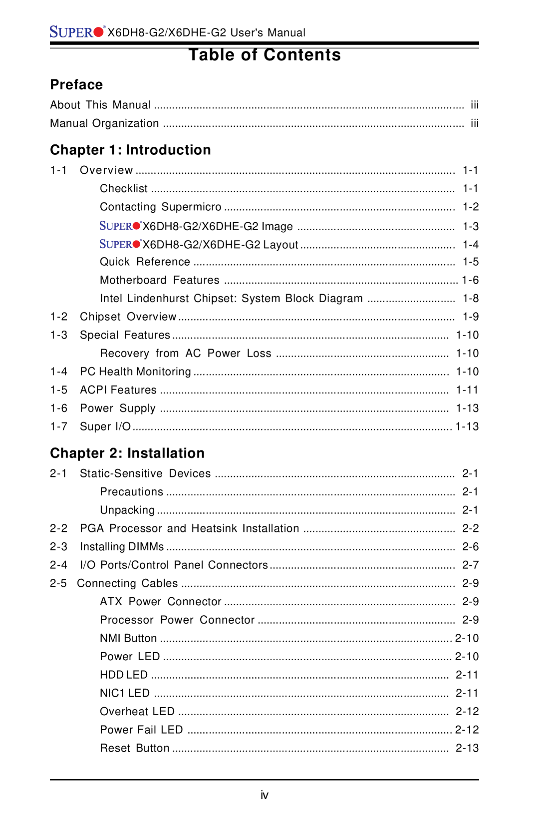 SUPER MICRO Computer X6DH8-G2, X6DHE-G2 manual Table of Contents 