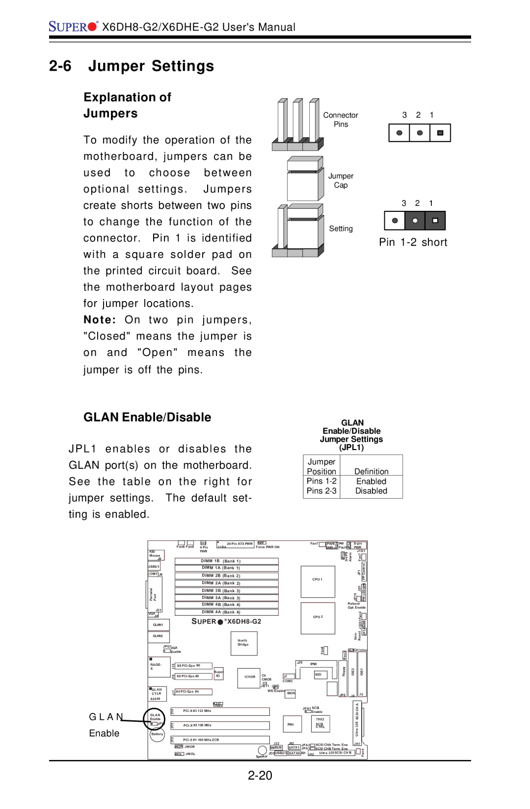 SUPER MICRO Computer X6DH8-G2, X6DHE-G2 manual Jumper Settings, Explanation Jumpers, Glan Enable/Disable 