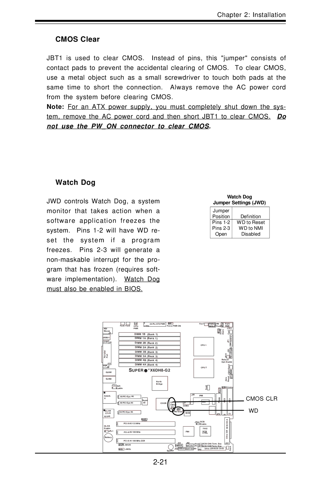 SUPER MICRO Computer X6DHE-G2, X6DH8-G2 manual Cmos Clear, Watch Dog 