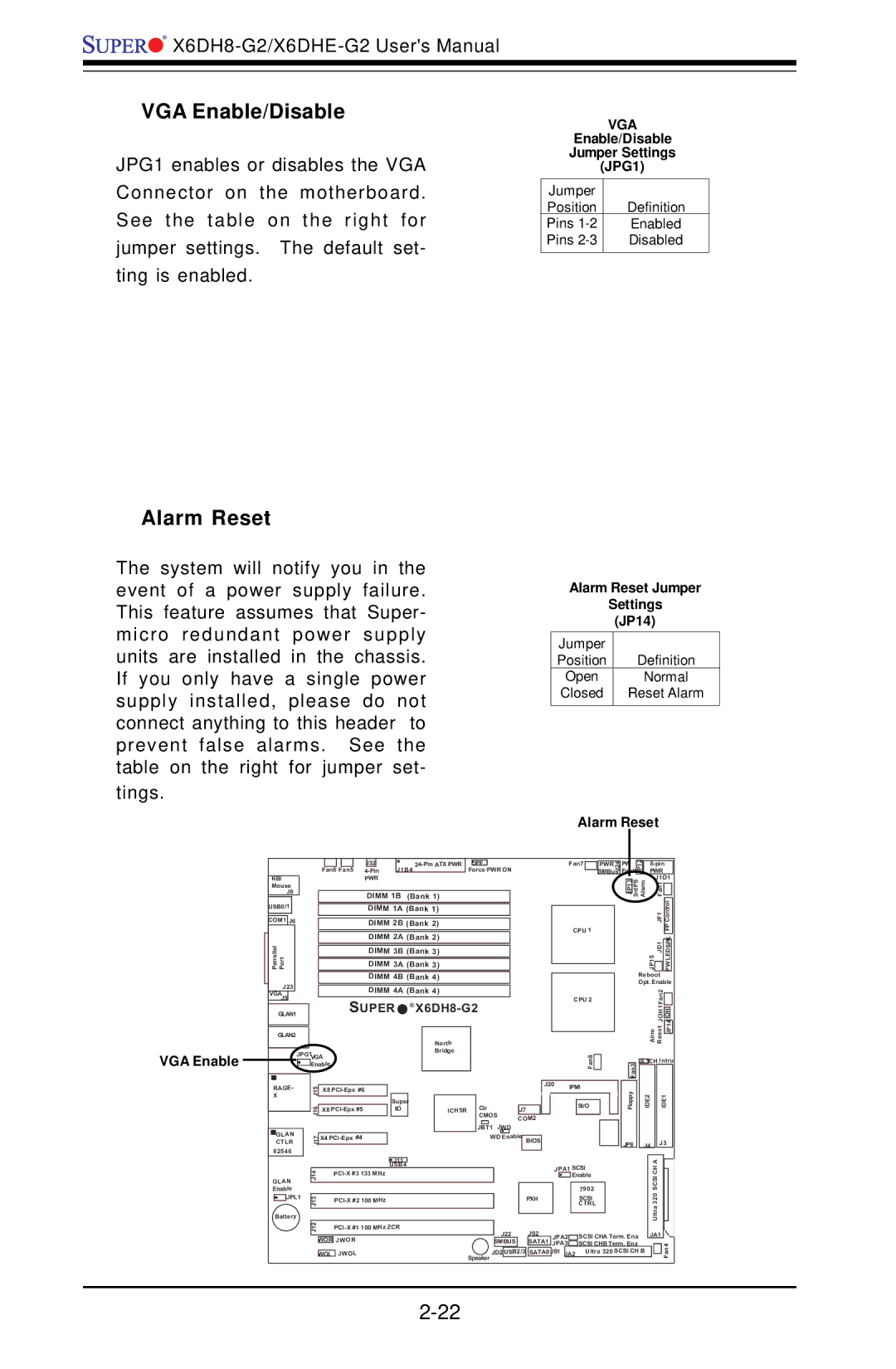 SUPER MICRO Computer X6DH8-G2, X6DHE-G2 manual VGA Enable/Disable, Alarm Reset 