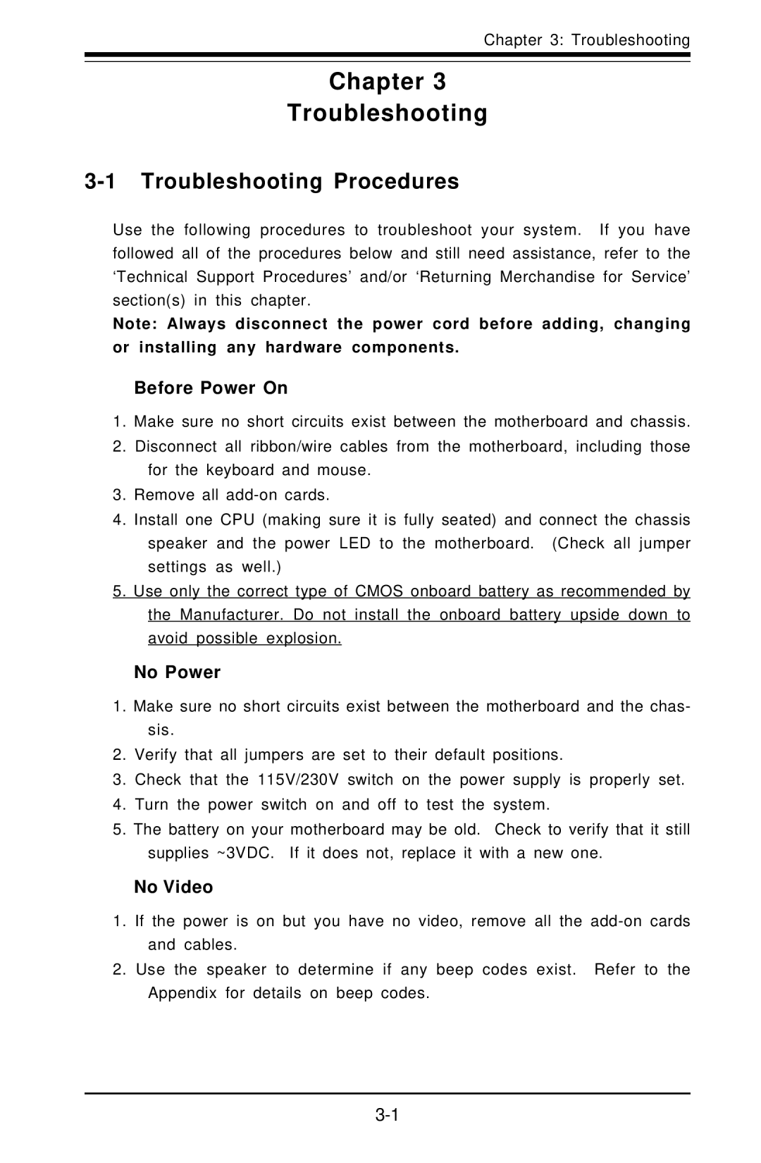 SUPER MICRO Computer X6DHE-G2, X6DH8-G2 manual Troubleshooting Procedures, Before Power On, No Power, No Video 