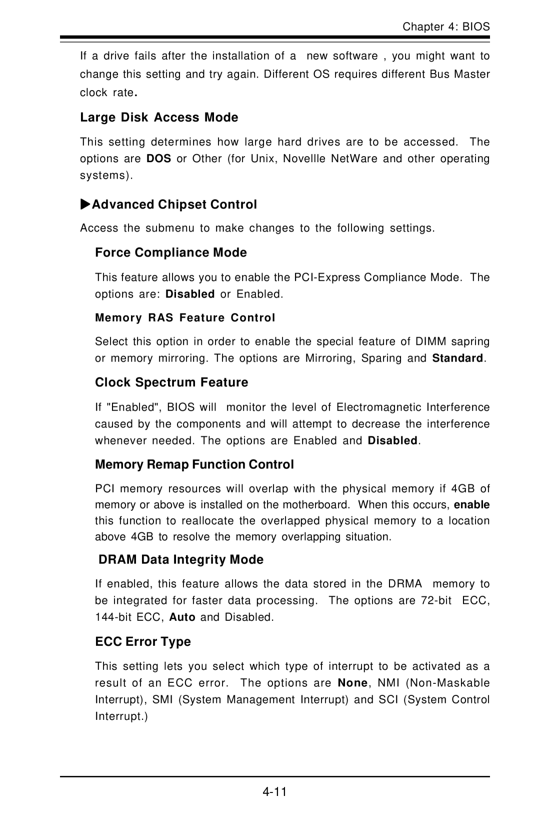 SUPER MICRO Computer X6DHE-G2 Large Disk Access Mode, Advanced Chipset Control, Force Compliance Mode, ECC Error Type 