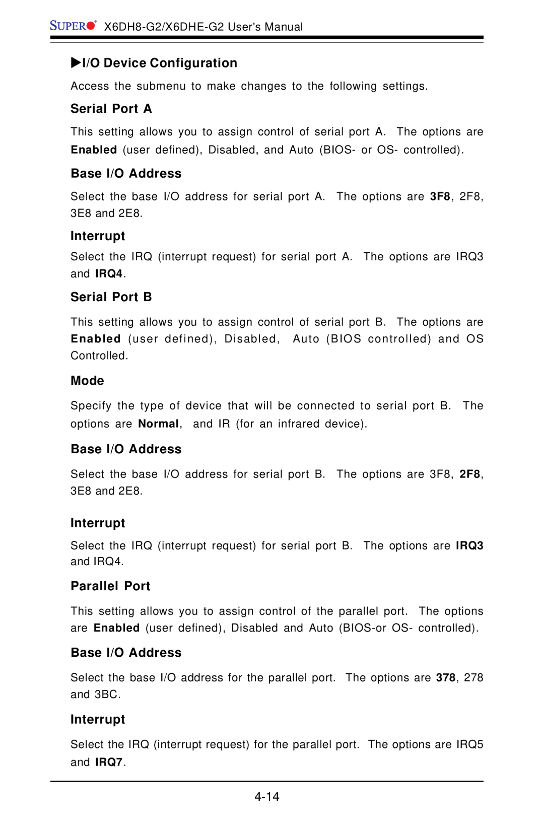 SUPER MICRO Computer X6DH8-G2 manual Device Configuration, Serial Port a, Base I/O Address, Interrupt, Serial Port B, Mode 