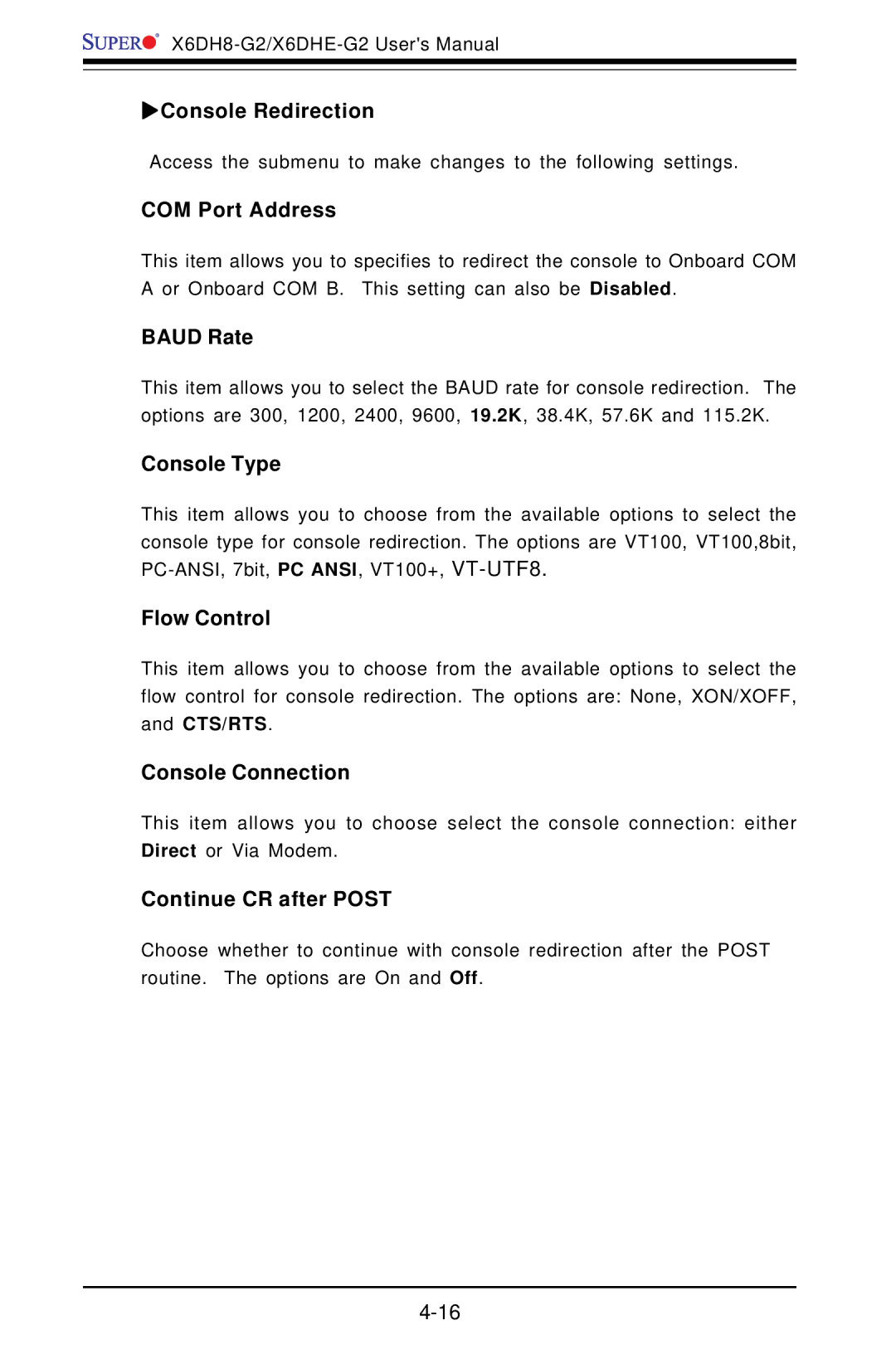 SUPER MICRO Computer X6DH8-G2, X6DHE-G2 manual Console Redirection, COM Port Address, Baud Rate, Console Type, Flow Control 