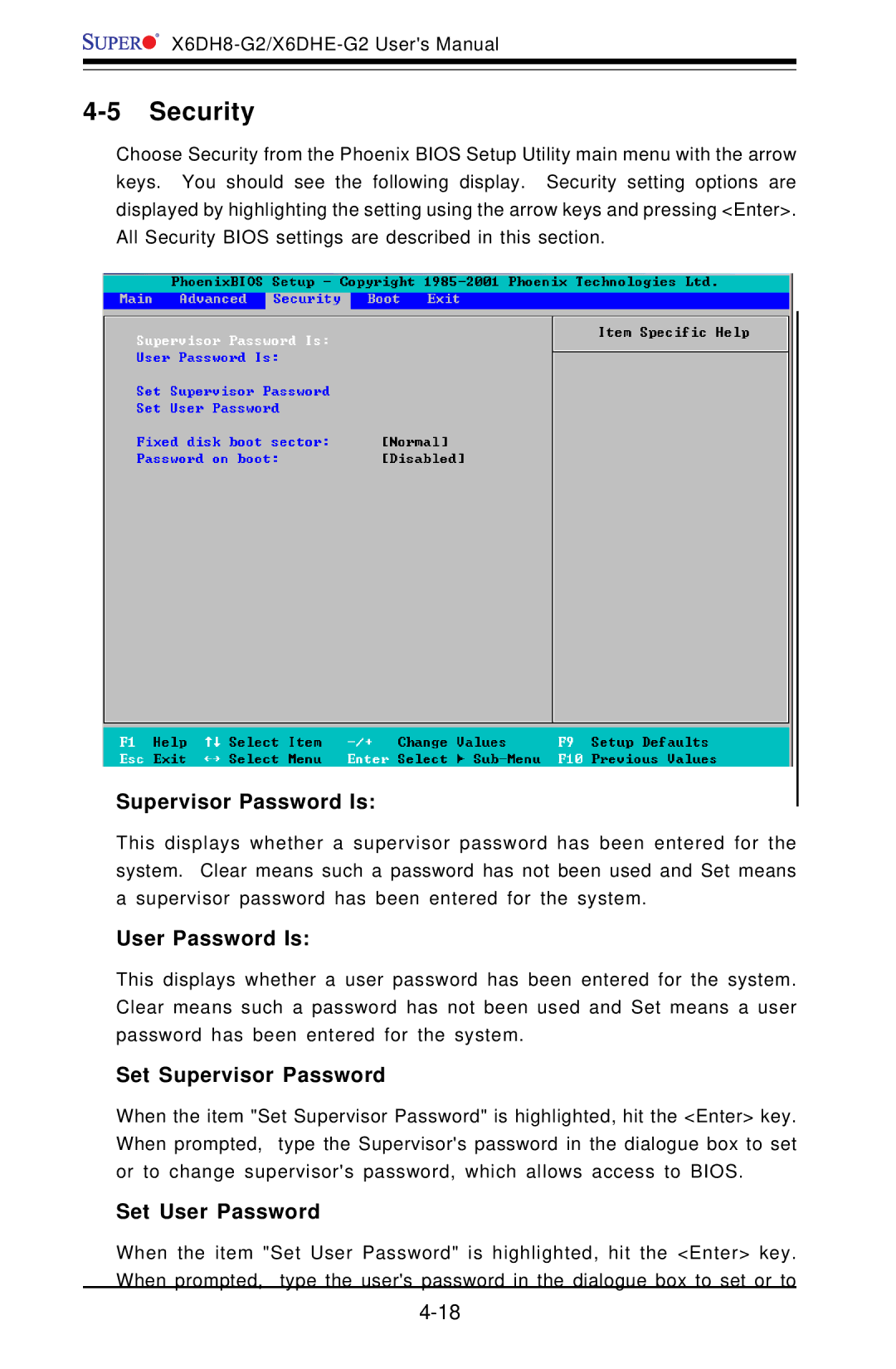 SUPER MICRO Computer X6DH8-G2, X6DHE-G2 manual Security, Supervisor Password Is, User Password Is, Set Supervisor Password 