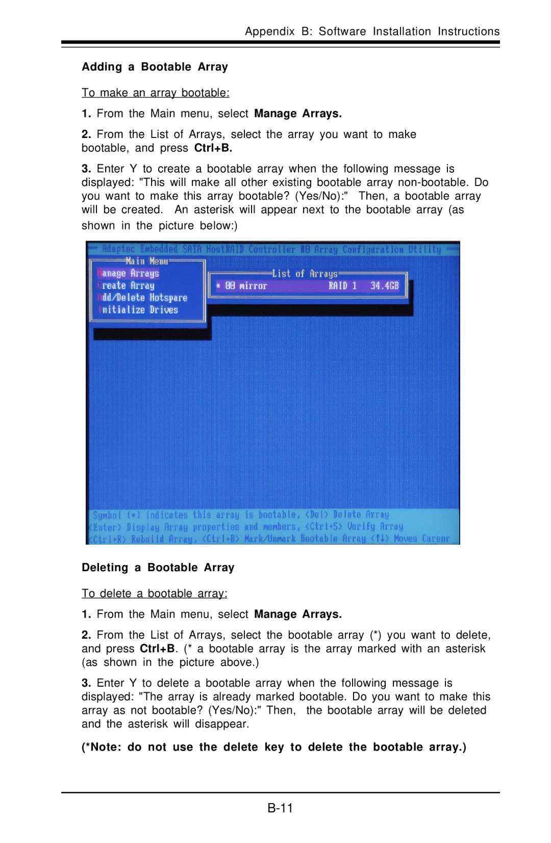 SUPER MICRO Computer X6DHE-G2, X6DH8-G2 manual Adding a Bootable Array, Deleting a Bootable Array 