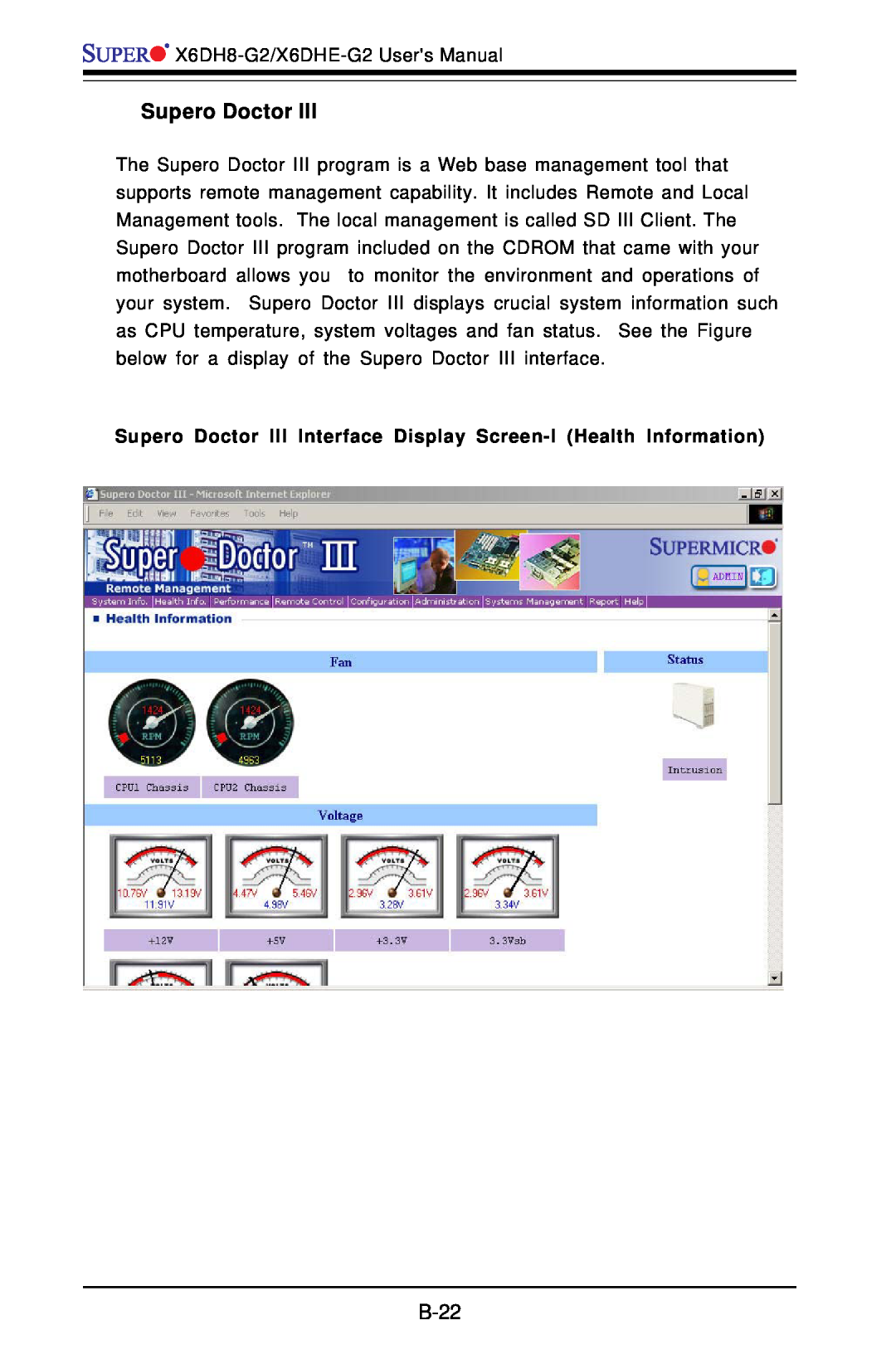 SUPER MICRO Computer X6DH8-G2, X6DHE-G2 manual B-22, Supero Doctor III Interface Display Screen-I Health Information 
