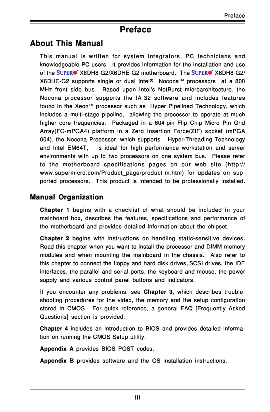 SUPER MICRO Computer X6DHE-G2, X6DH8-G2 manual Preface, About This Manual, Manual Organization 