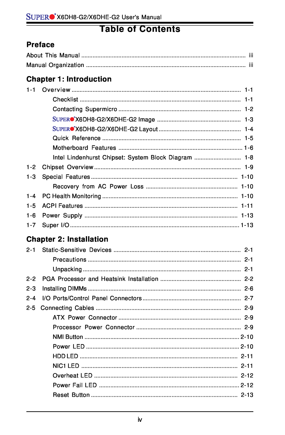 SUPER MICRO Computer X6DH8-G2, X6DHE-G2 manual Table of Contents, Preface, Introduction, Installation 