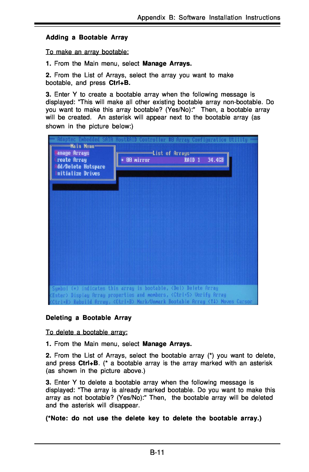 SUPER MICRO Computer X6DHE-G2, X6DH8-G2 manual B-11, Adding a Bootable Array, Deleting a Bootable Array 