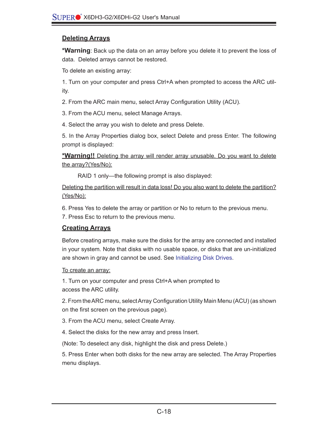 SUPER MICRO Computer X6DHi-G2, X6DH3-G2 user manual Deleting Arrays, Creating Arrays 