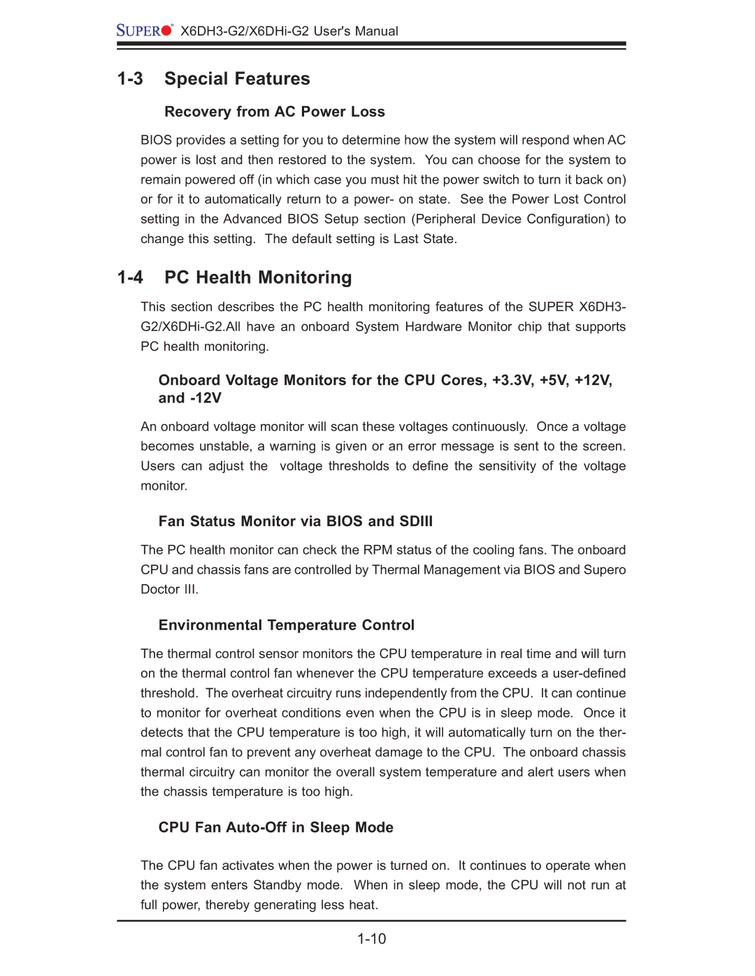 SUPER MICRO Computer X6DHi-G2, X6DH3-G2 user manual Special Features, PC Health Monitoring 