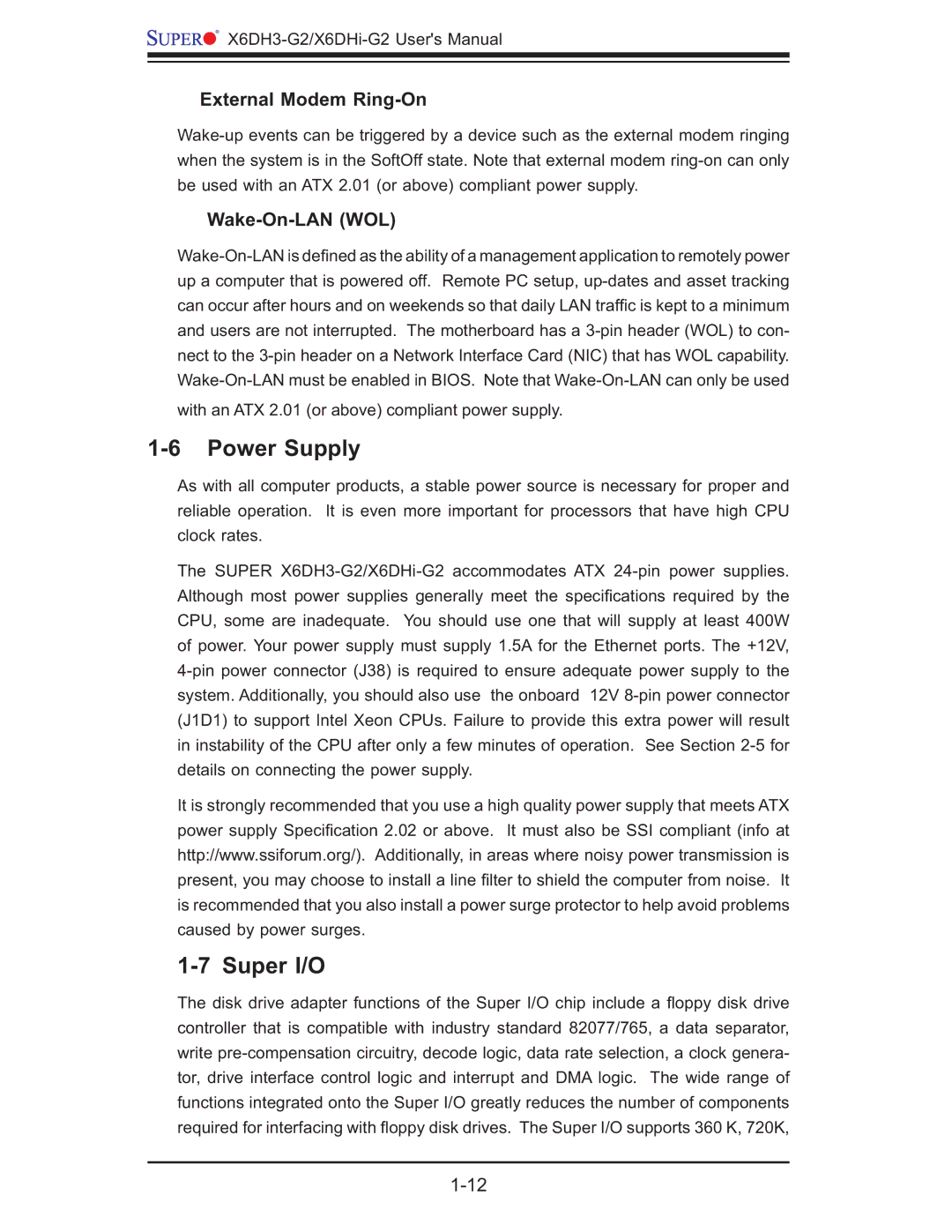 SUPER MICRO Computer X6DHi-G2, X6DH3-G2 user manual Power Supply, Super I/O, External Modem Ring-On, Wake-On-LAN WOL 