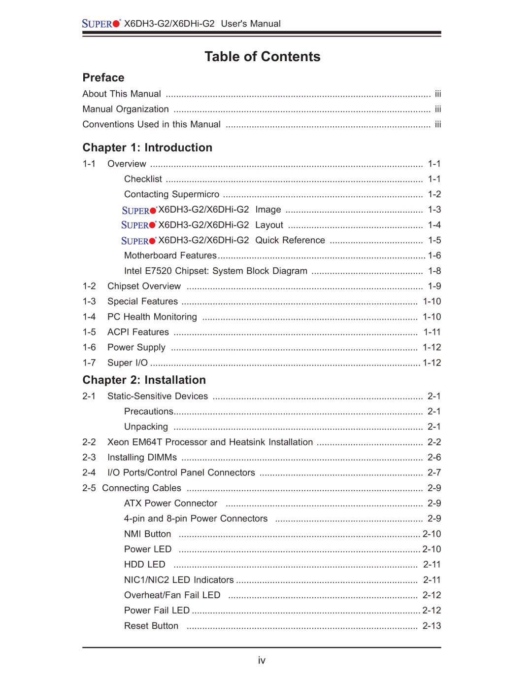 SUPER MICRO Computer X6DHi-G2, X6DH3-G2 user manual Table of Contents 